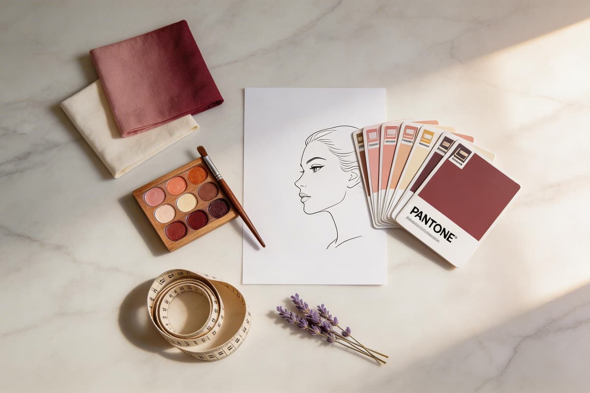 A creative workspace with fabric swatches, color palettes, and fashion sketches