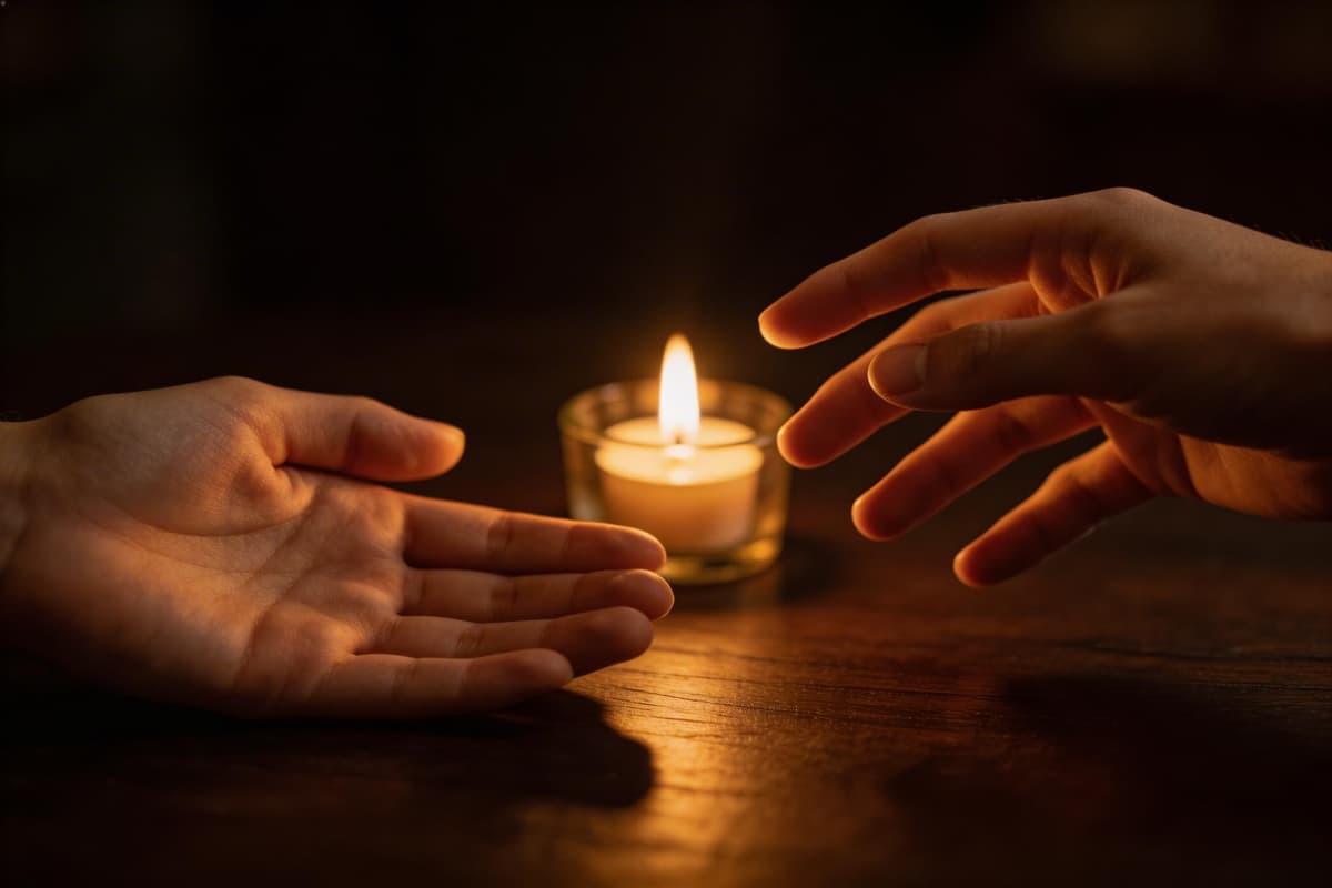 Two hands reaching toward each other over a candlelit table