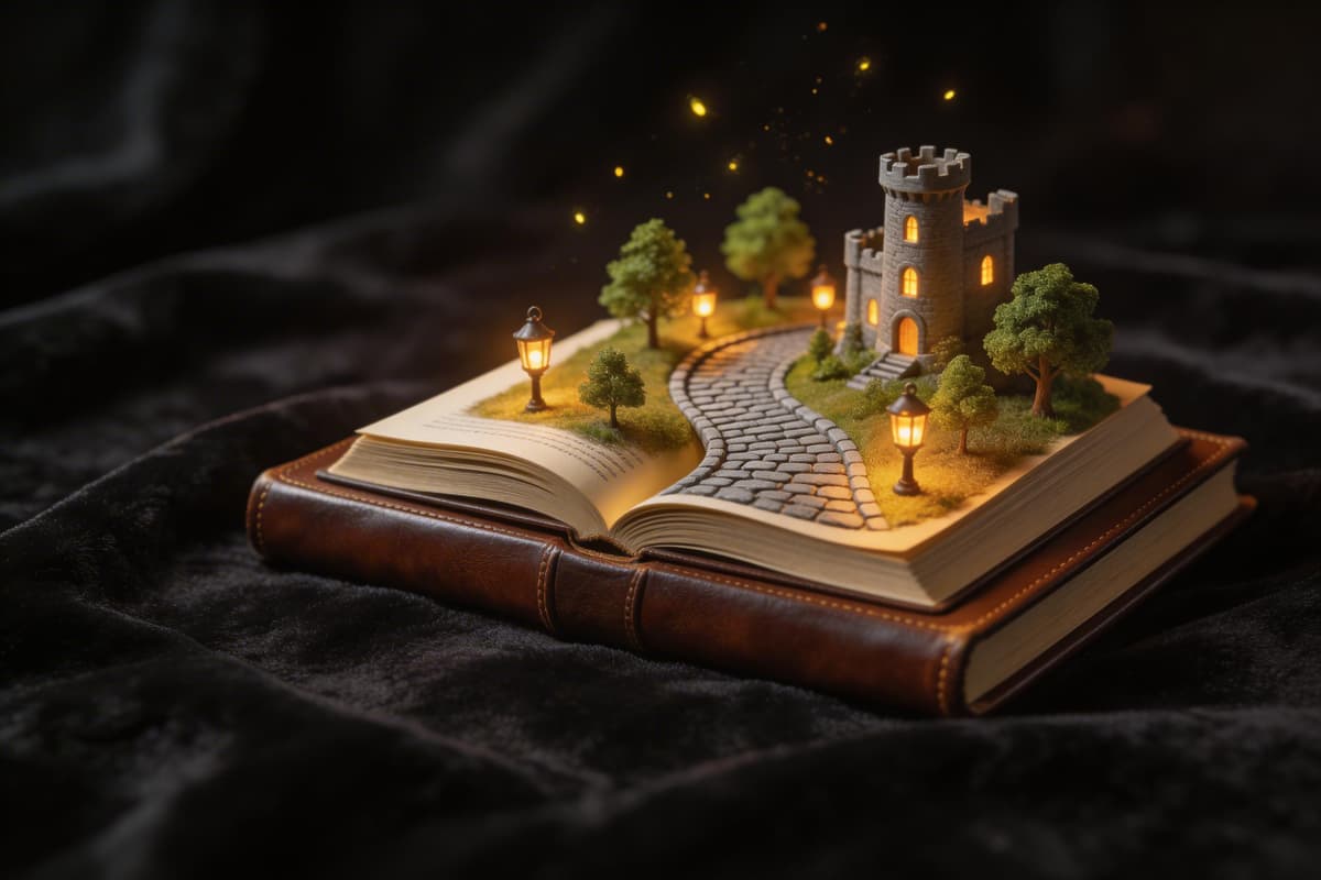 An open book transforming into a miniature world of stories and adventures