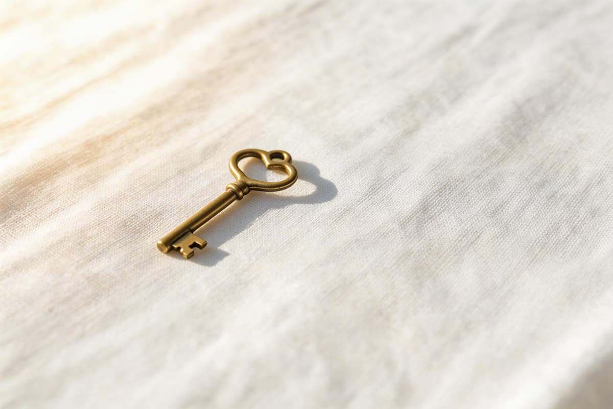 A brass key on white linen — security, simplicity, trust