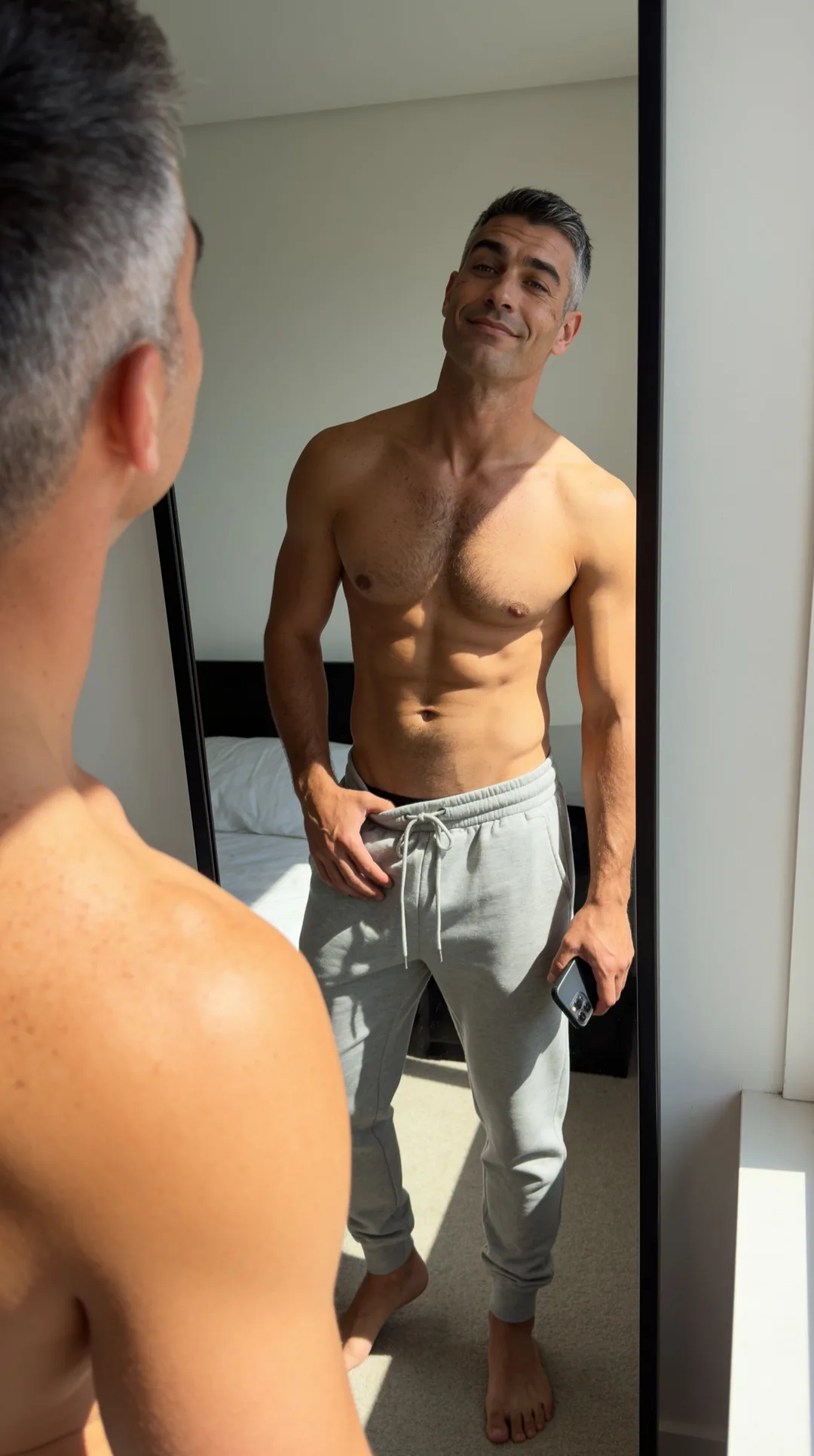 AI boyfriend in joggers at the bedroom mirror