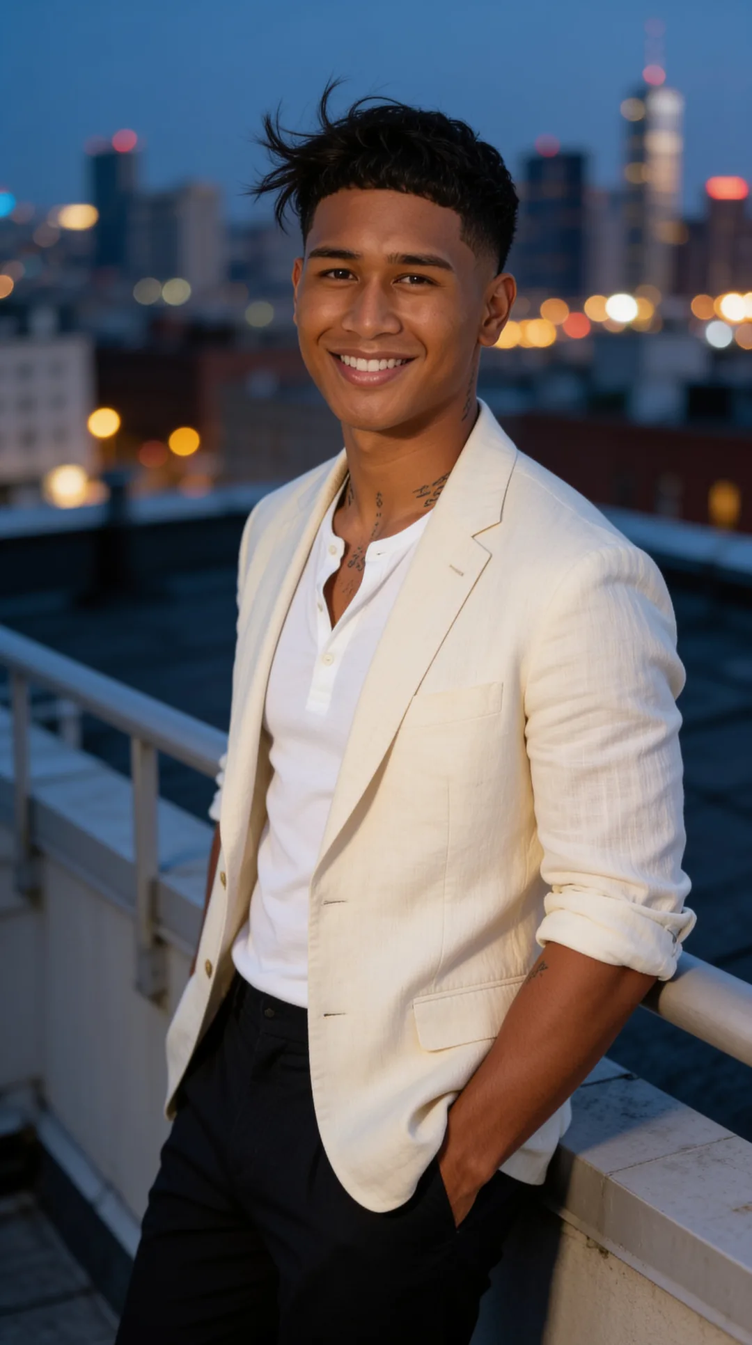 AI boyfriend in a cream blazer on a rooftop at night
