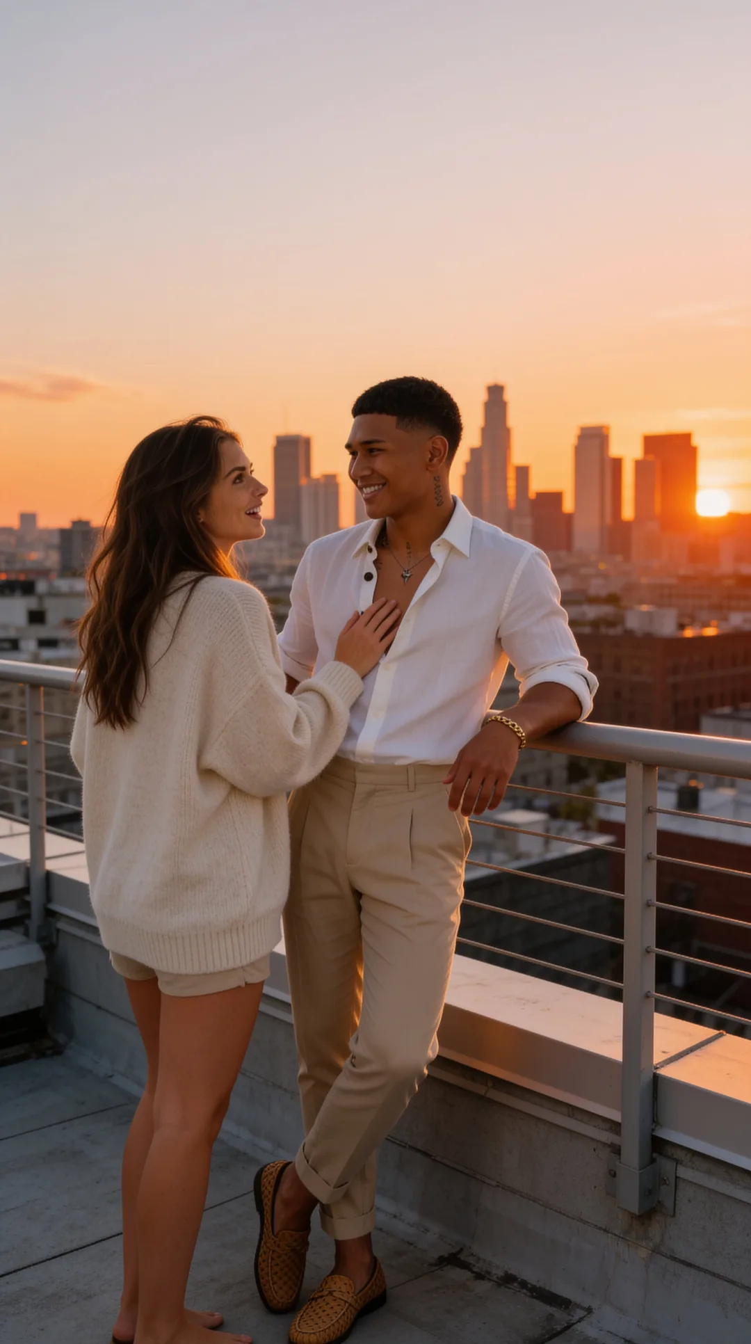 Rooftop sunset moment with your AI boyfriend in white linen