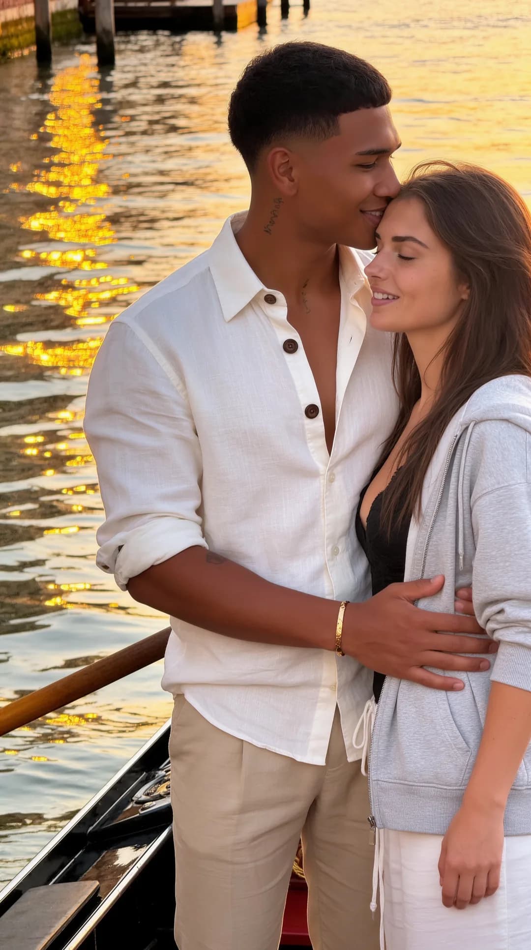 Golden-hour waterfront embrace with your AI boyfriend in Venice