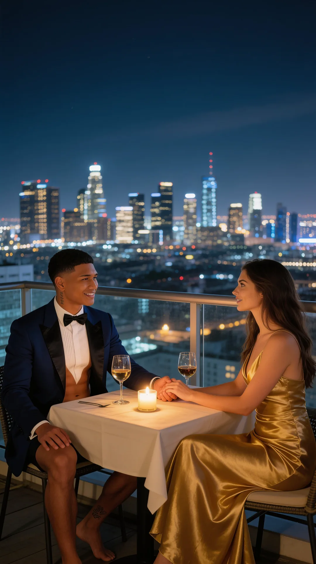 Rooftop city-lights dinner date with your AI boyfriend in a tuxedo