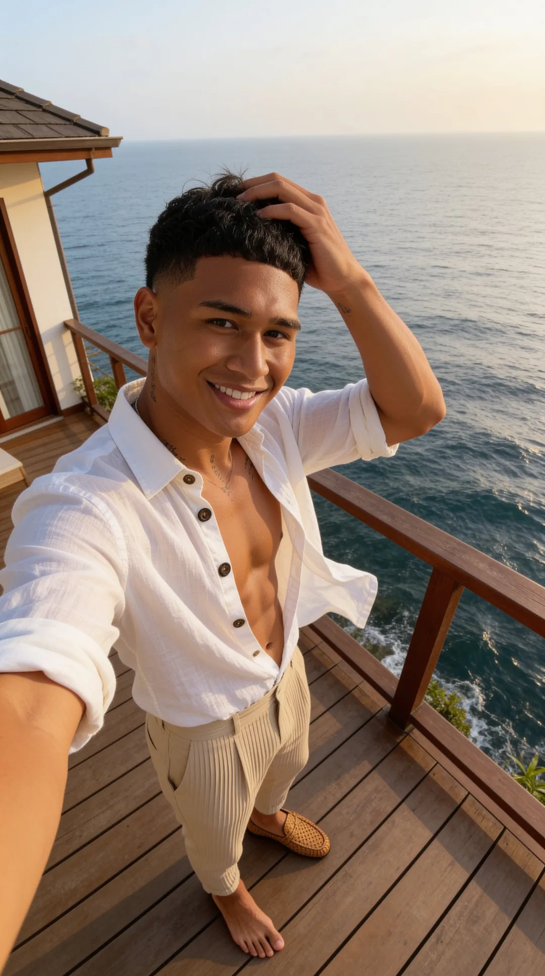 AI boyfriend in an open white shirt on a clifftop by the ocean