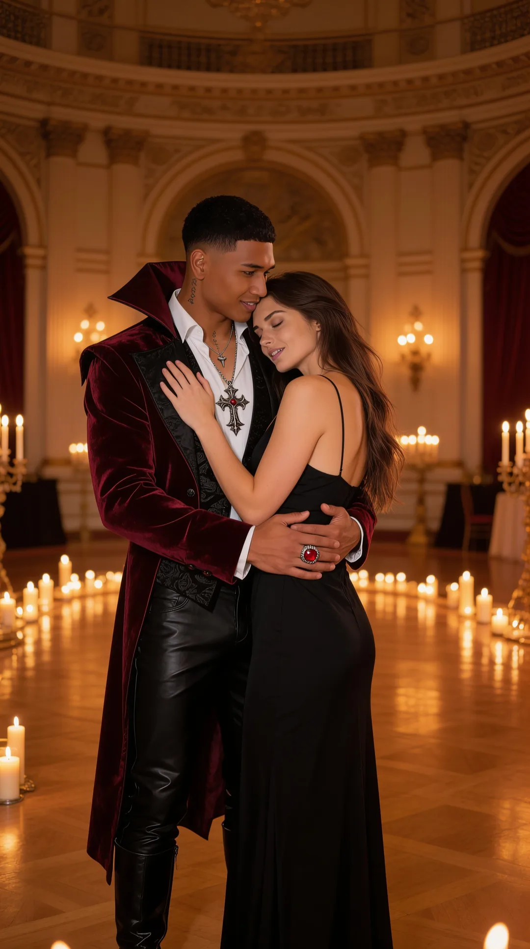 AI boyfriend in a velvet coat embracing you in a candlelit ballroom