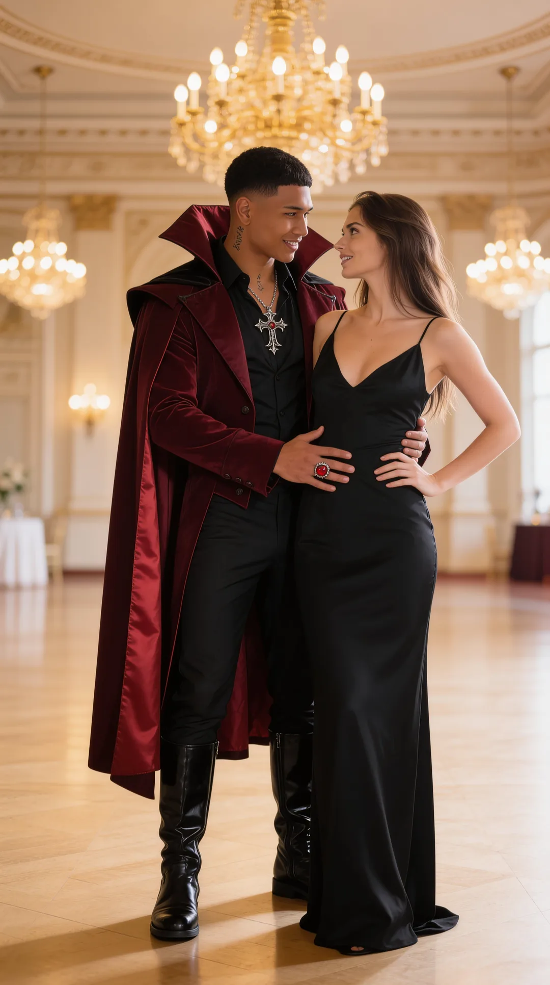 AI boyfriend in a cape costume with you in a grand ballroom