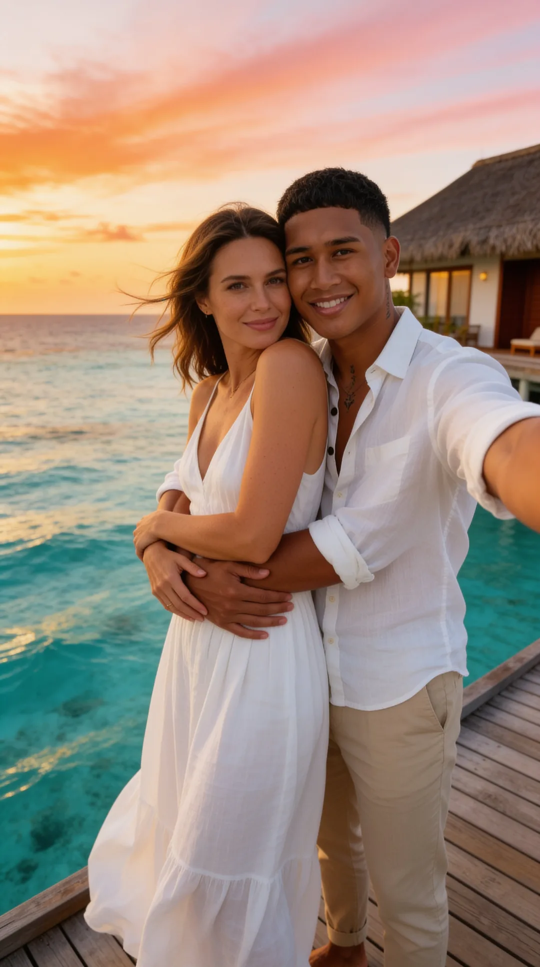 Sunset selfie of an AI boyfriend hugging you at an overwater villa