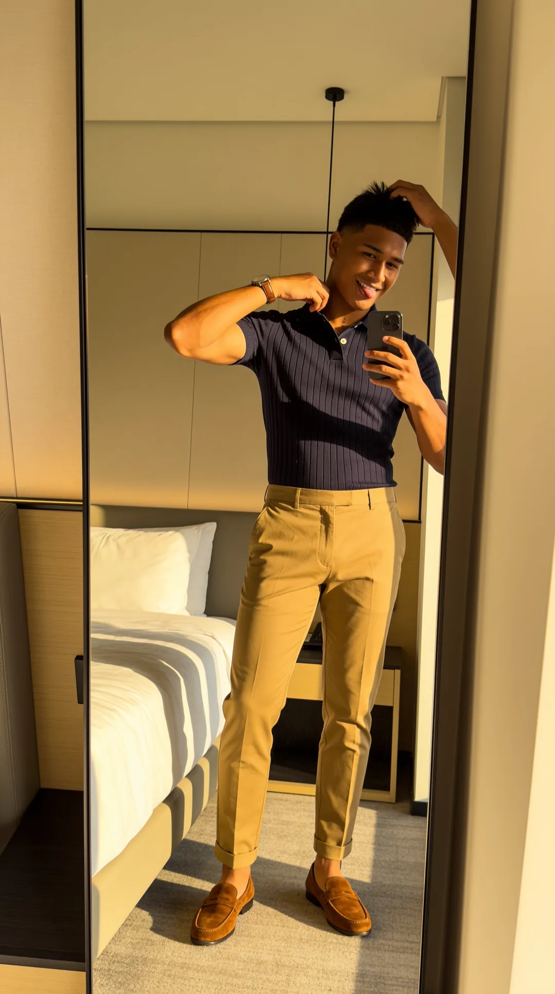 AI boyfriend in a polo taking a sunlit hotel mirror selfie