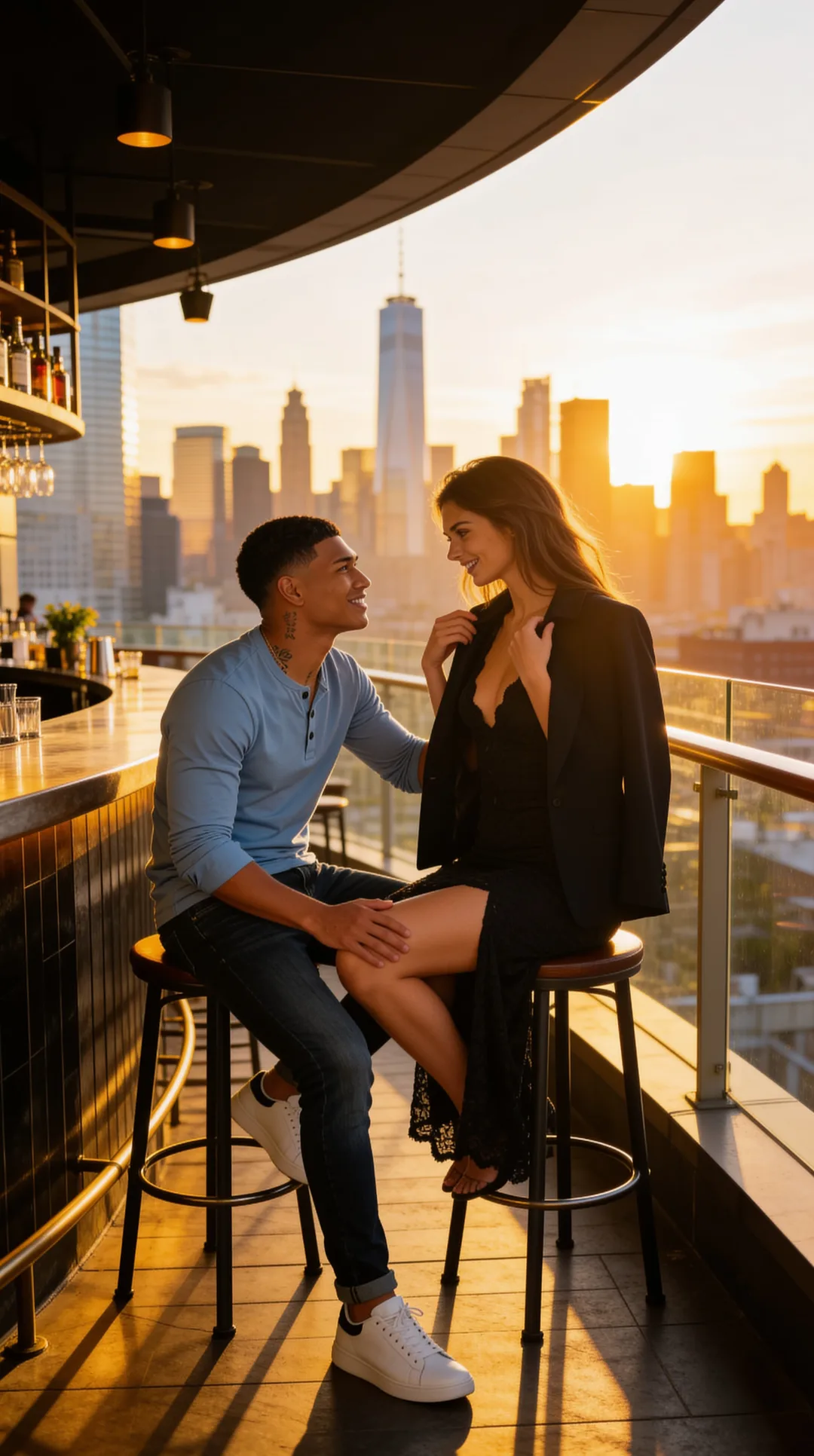 AI boyfriend and you at a golden-hour rooftop bar over the skyline