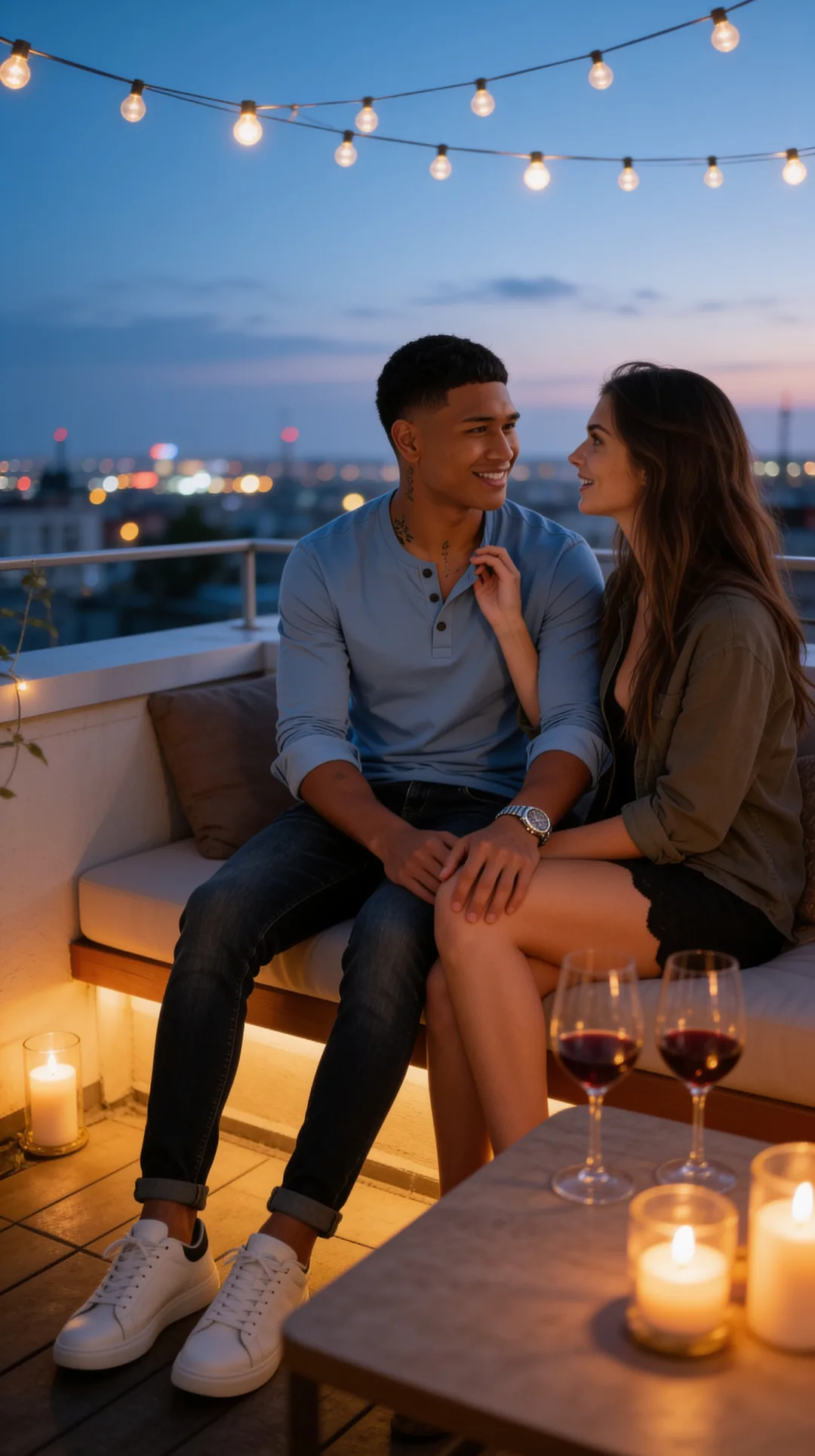 Rooftop date with an AI boyfriend under warm string lights
