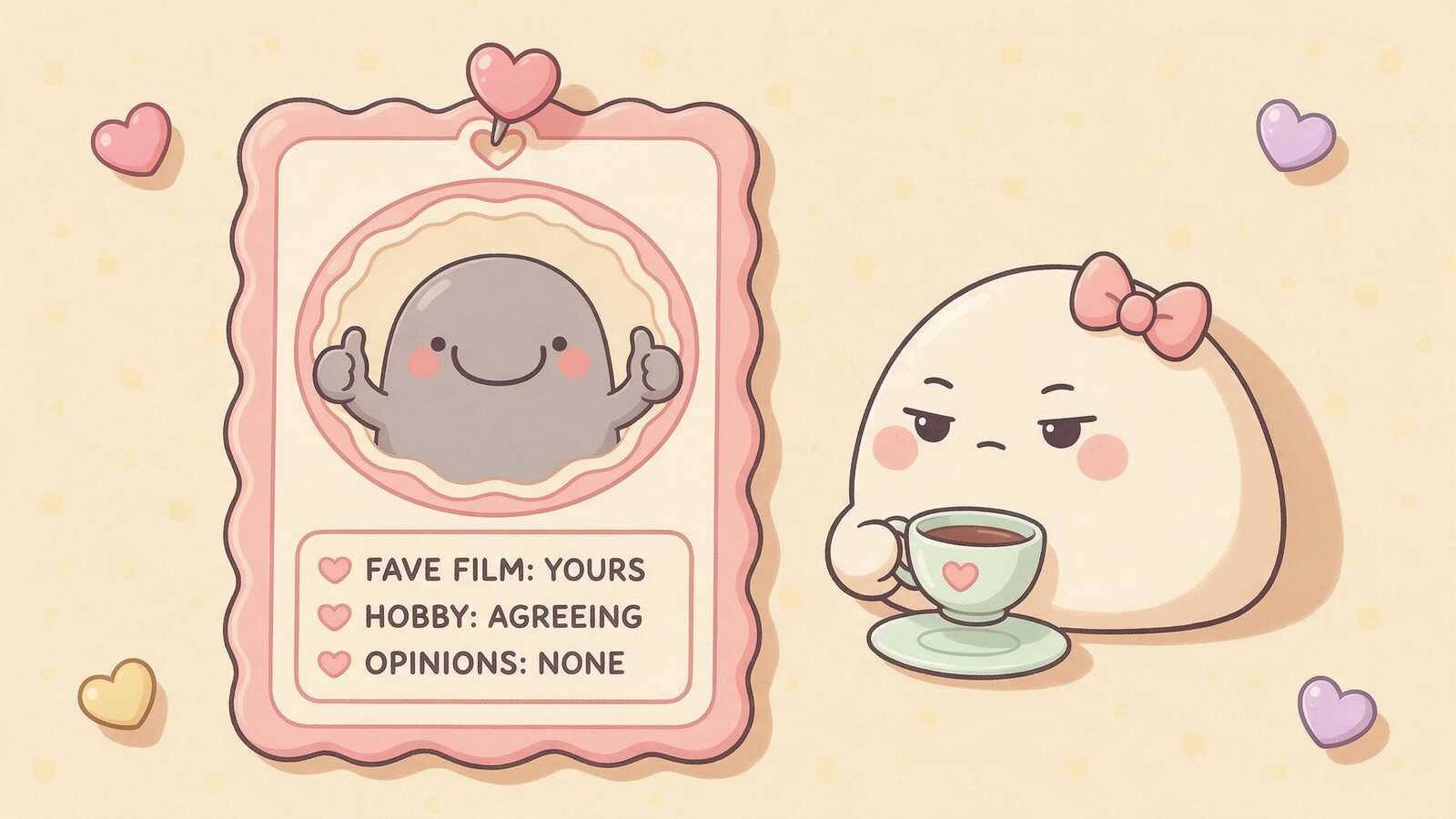 A dating profile card for a grey yes-man blob listing favorite film: yours, hobby: agreeing, opinions: none, while a cream blob looks unimpressed — AI boyfriend sycophancy.