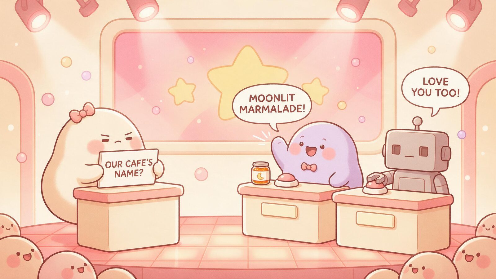 A quiz show where a lavender blob boyfriend answers Moonlit Marmalade while a grey robot replies love you too, contrasting generated and prerecorded AI voice messages.
