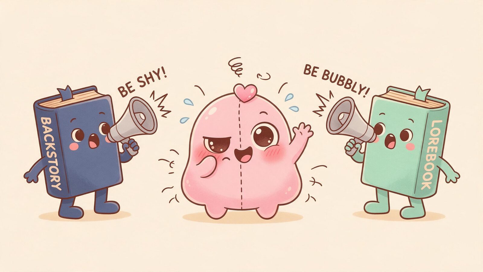 Two books labeled backstory and lorebook shout opposite orders through megaphones at a pink blob whose face is half shy, half bubbly, showing conflicting AI character instructions.