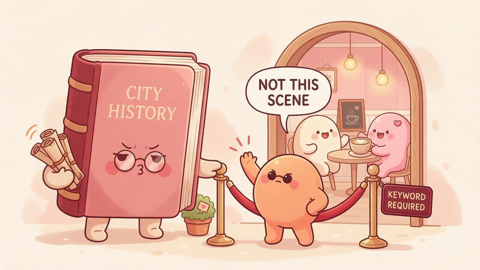 Cartoon bouncer blob stopping a giant City History book at a café velvet rope while two blobs enjoy a latte, illustrating conditional lorebook entries and keyword triggers.