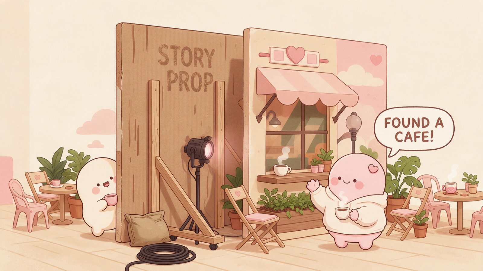 Side view of a cute café set where a pink blob companion waves, revealed as a painted cardboard backdrop on wooden struts — fictional daily story state in AI companions.