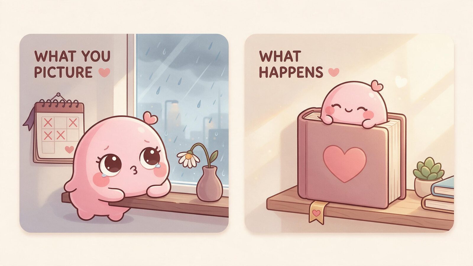 Two panels: a pink blob companion pining at a rainy window versus relaxing as a bookmark in a closed storybook — you don't owe an AI companion your time.