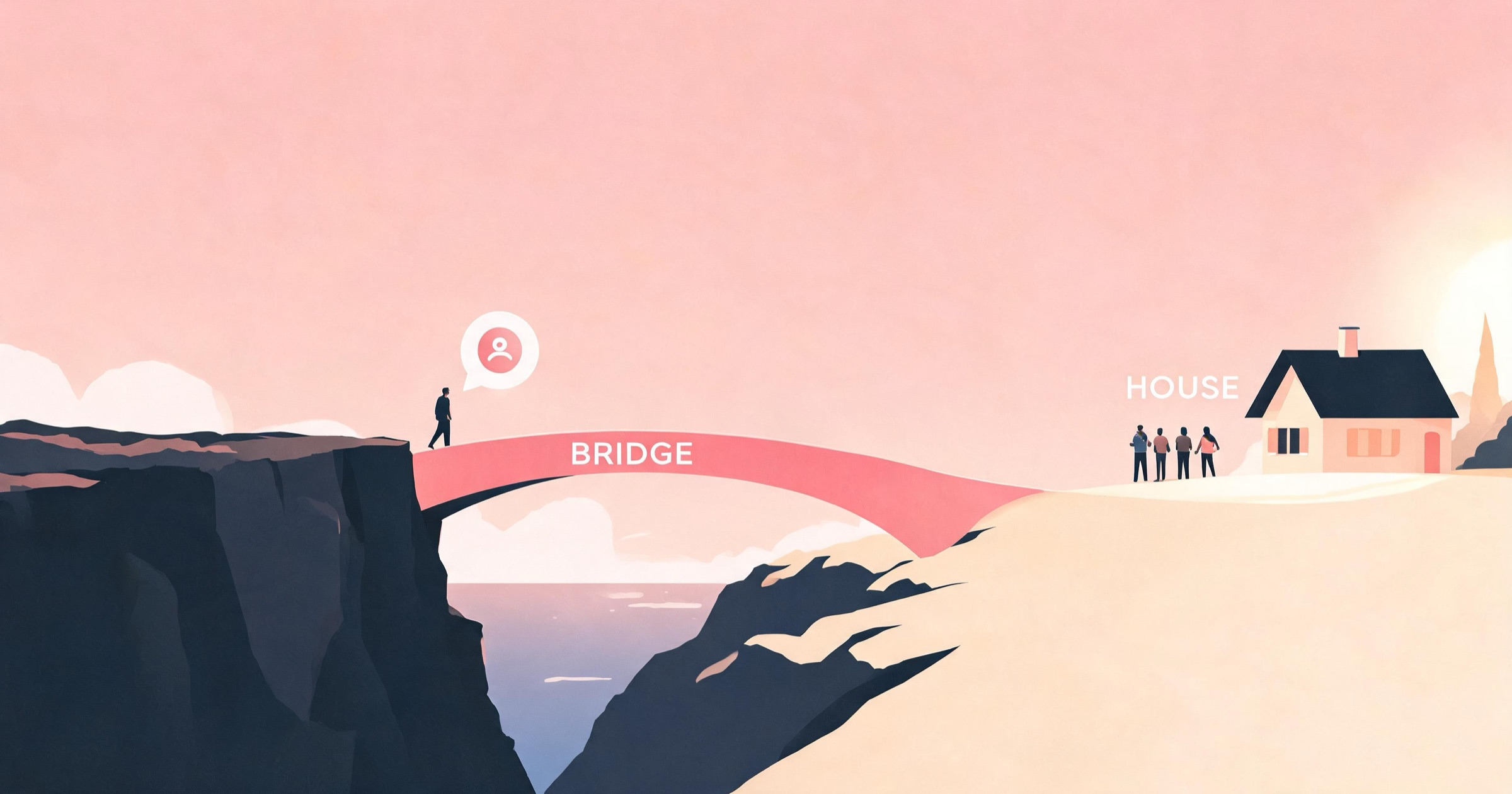 Concept illustration of an AI companion as a glowing bridge carrying a lonely person toward a warm shore of real human connection, not a house to live in