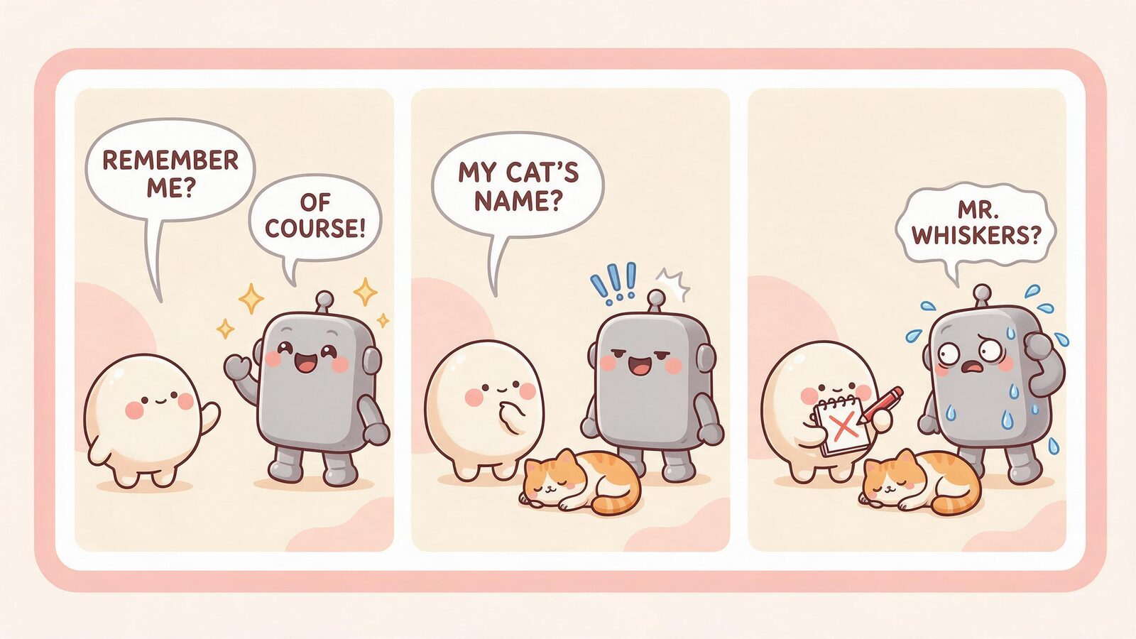 Three-panel kawaii comic: a grey robot blob confidently says it remembers the user, then sweats and guesses the wrong name for the cat as the user marks an X.