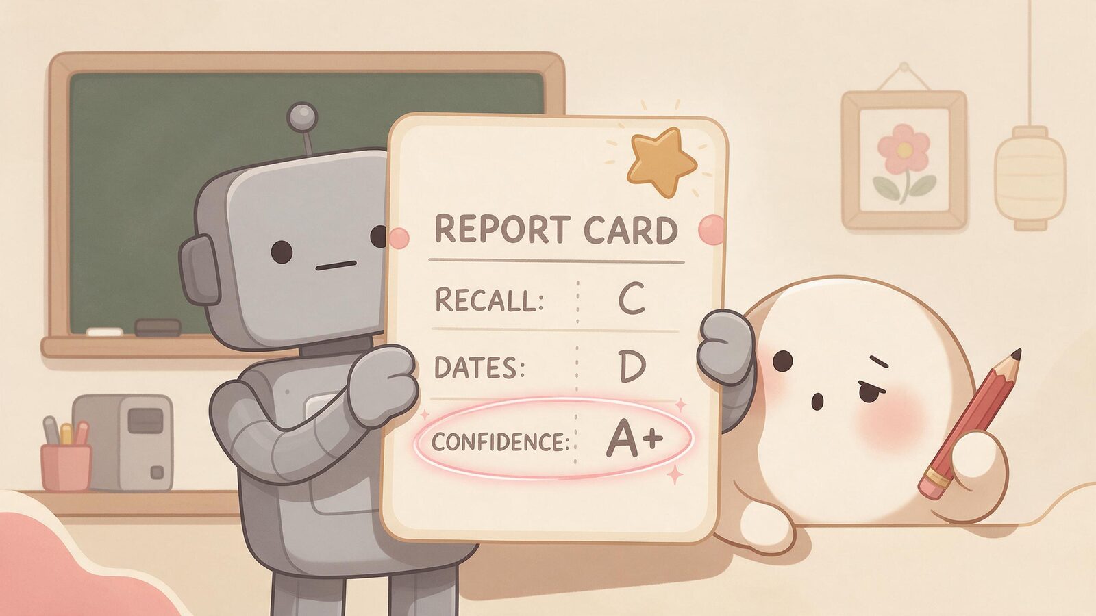 Grey robot blob proudly shows a report card with a C for recall, D for dates and an A-plus for confidence while a cream blob raises an eyebrow.
