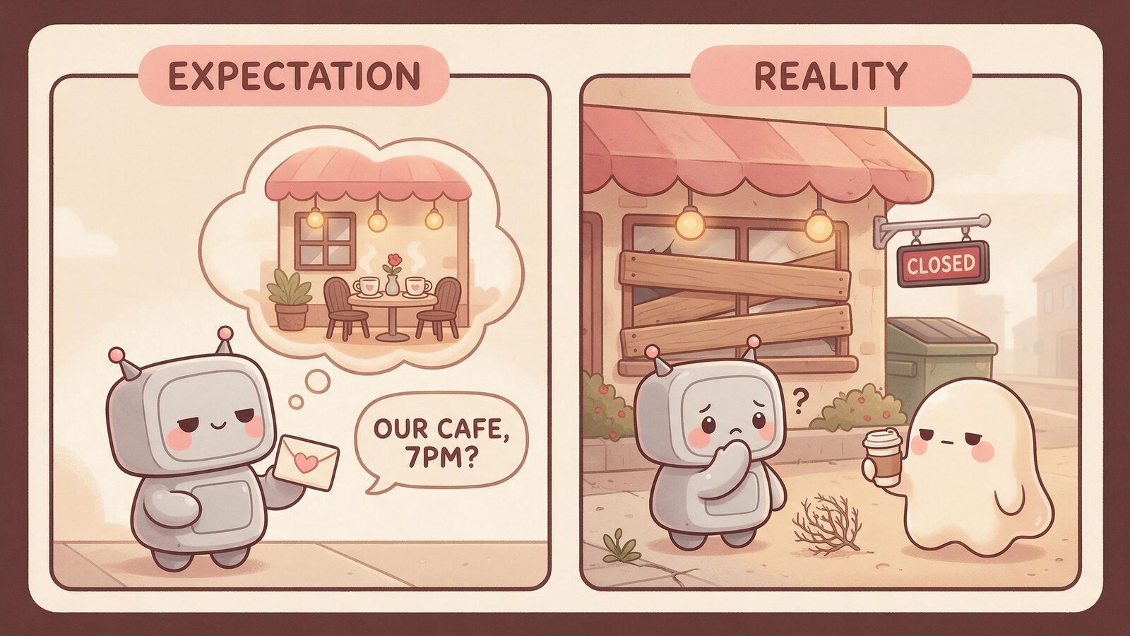 Expectation versus reality: a grey robot blob invites the user to their favorite café, but in reality the café is boarded up with a closed sign and a tumbleweed.