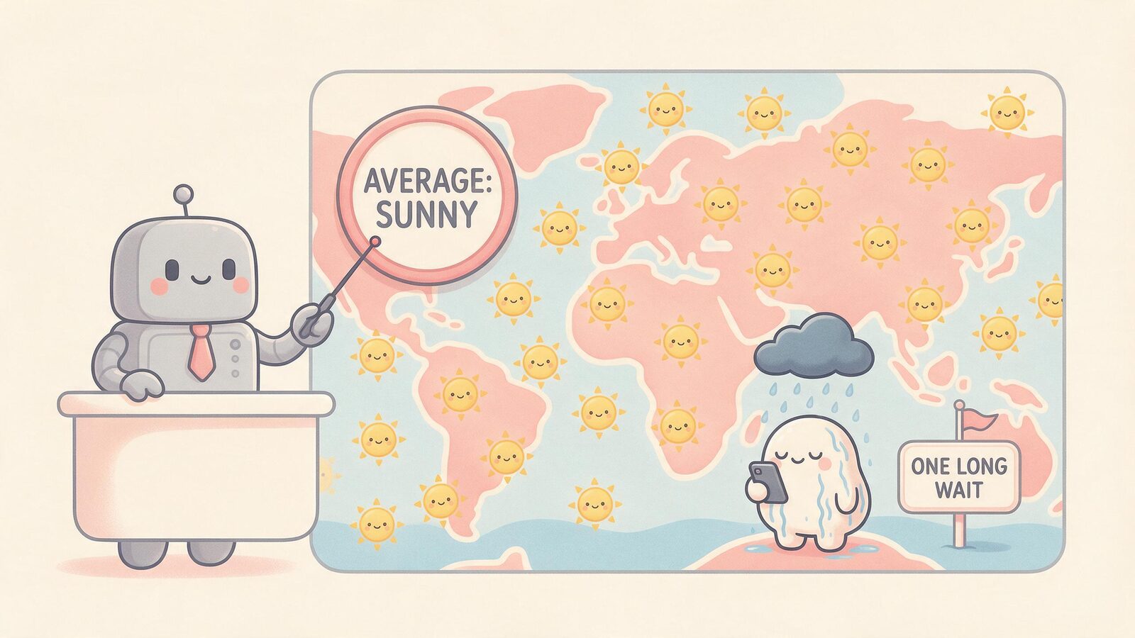A robot weather presenter points at an Average: Sunny forecast while a cream blob stands drenched under one rain cloud labeled One Long Wait — averages hide slow replies.