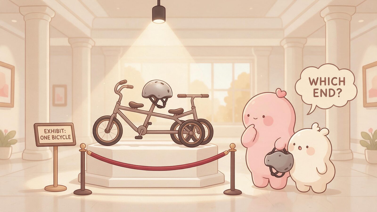 A pink blob and a cream blob stare at a museum exhibit of a three-wheeled bicycle with two seats and a fused helmet, showing object errors in AI couple photos.