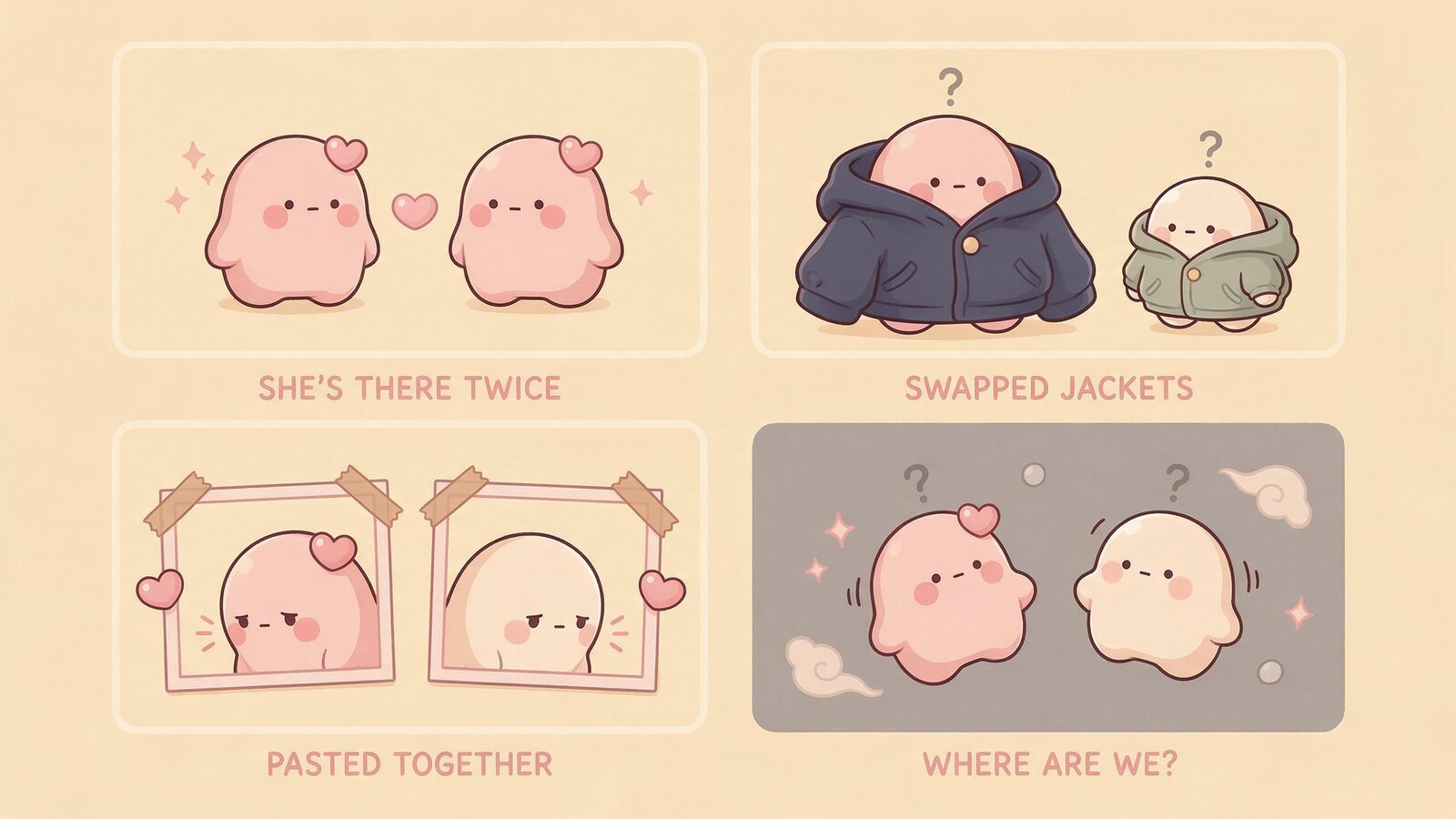 A bingo card of four couple-photo failures drawn with blobs: a duplicated pink blob, swapped jackets, two portraits taped together, and both blobs lost in a grey void.