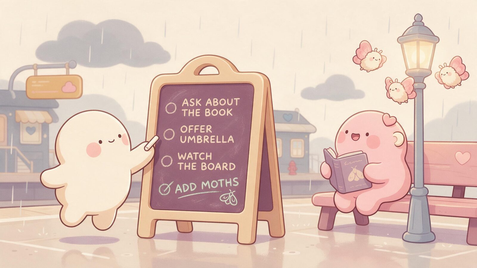 A cream blob chalks its own fourth option under three dialogue choices on a train platform sign, as moths appear around a pink blob reading a moth guide.