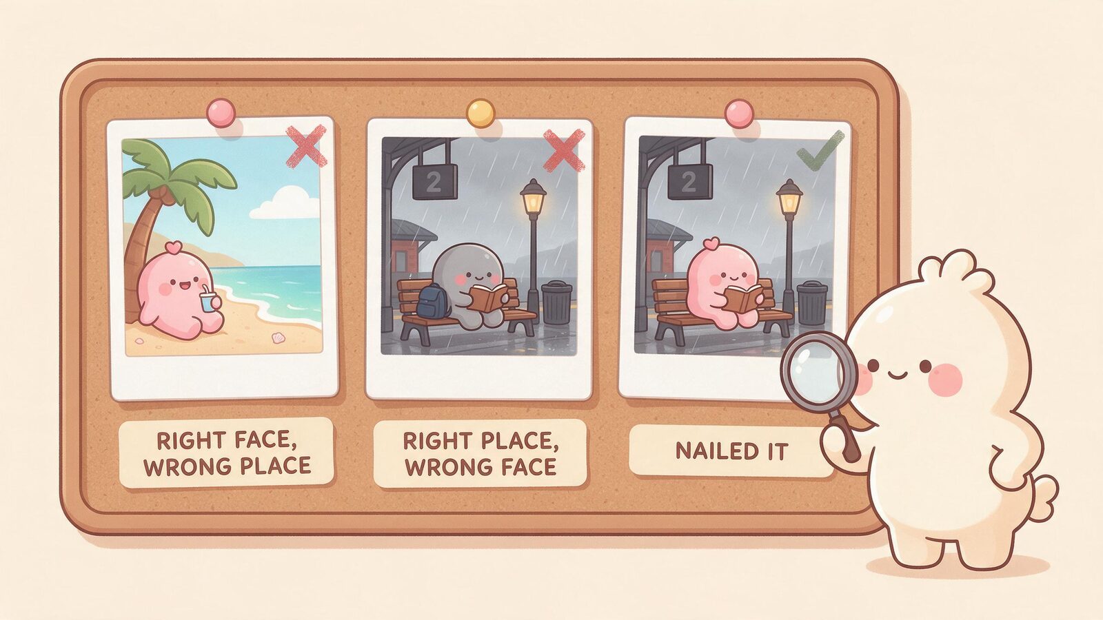 Three polaroids on a corkboard: the AI companion on the wrong beach, a stranger on the right train platform, and the correct scene with the right character.