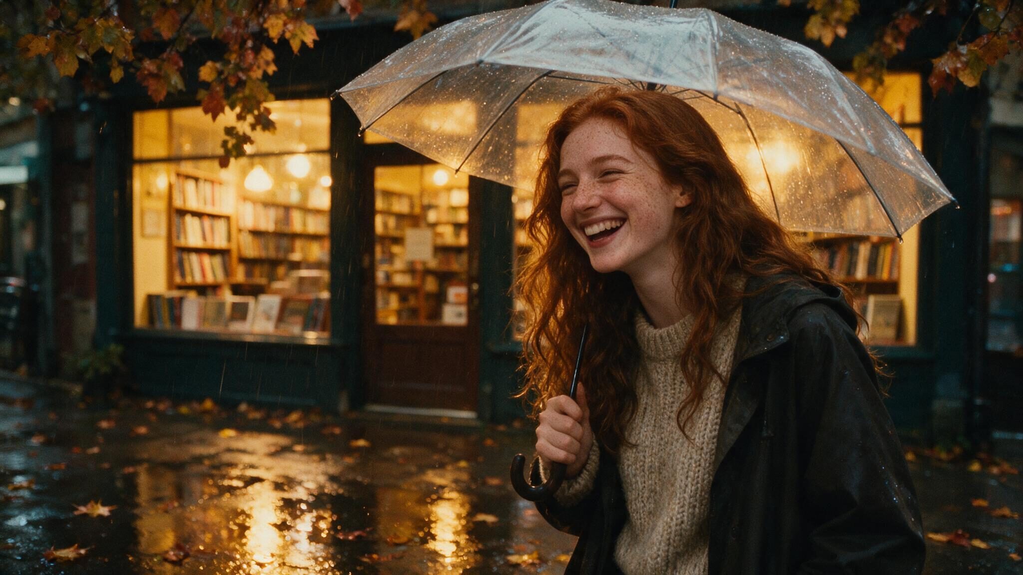 A woman laughing under a clear umbrella on a rain slicked street outside a warmly lit bookshop at dusk