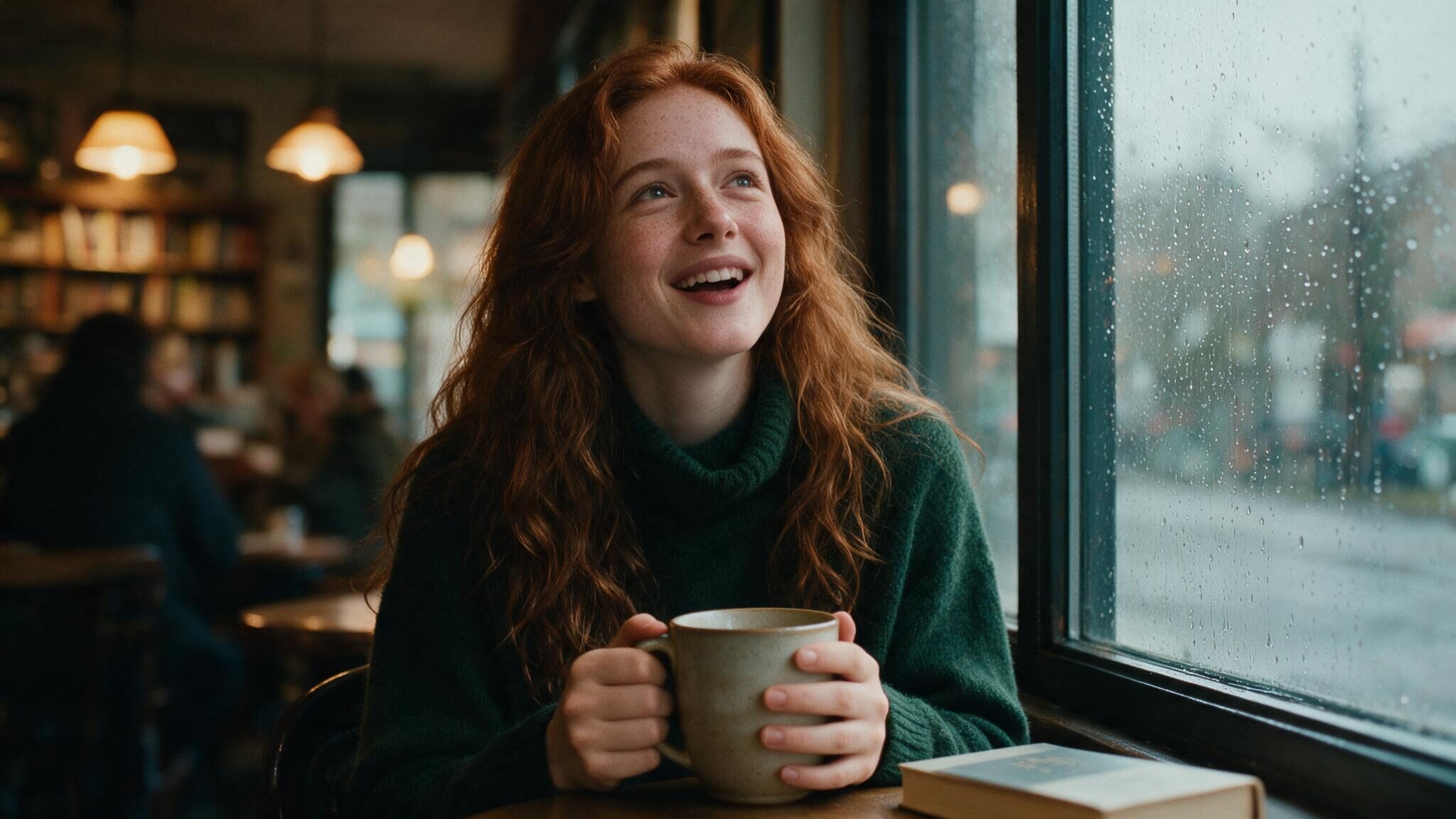 A woman in a green jumper holding a mug at a cafe window table with rain on the glass