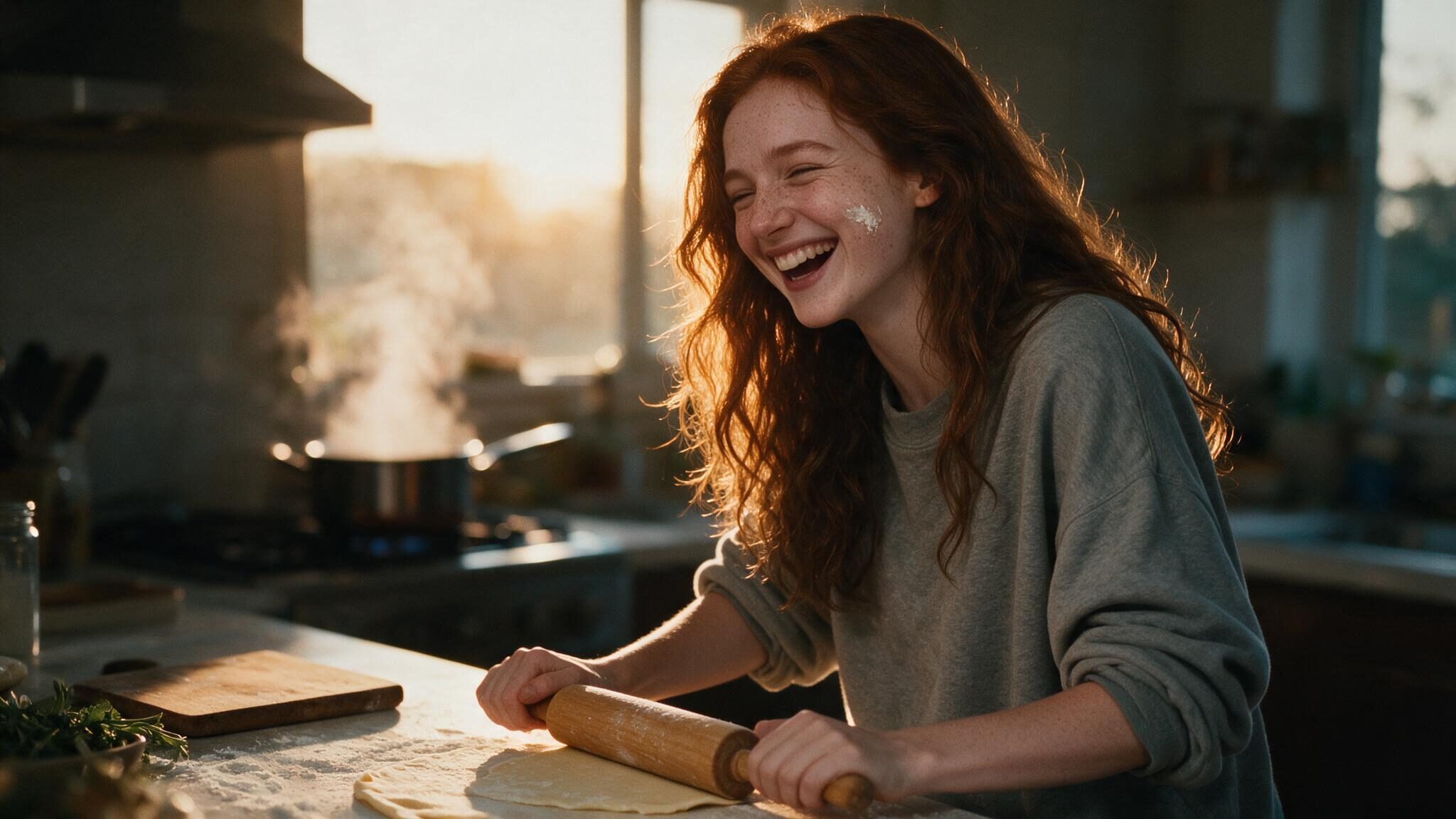 A woman laughing in a kitchen with flour on her cheek while rolling out pasta dough in evening light