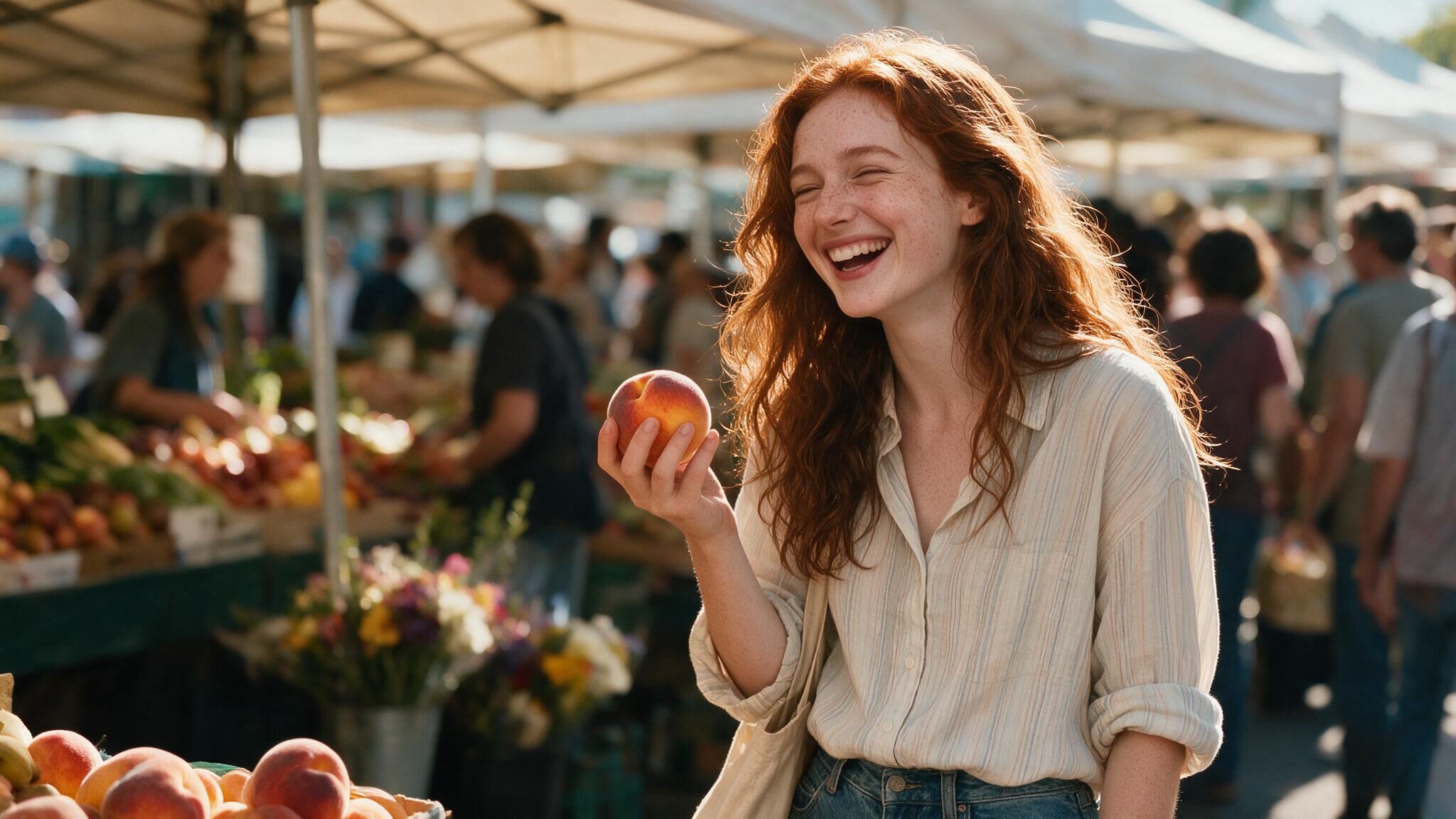 A woman laughing while holding up a peach at a busy sunlit farmers market stall