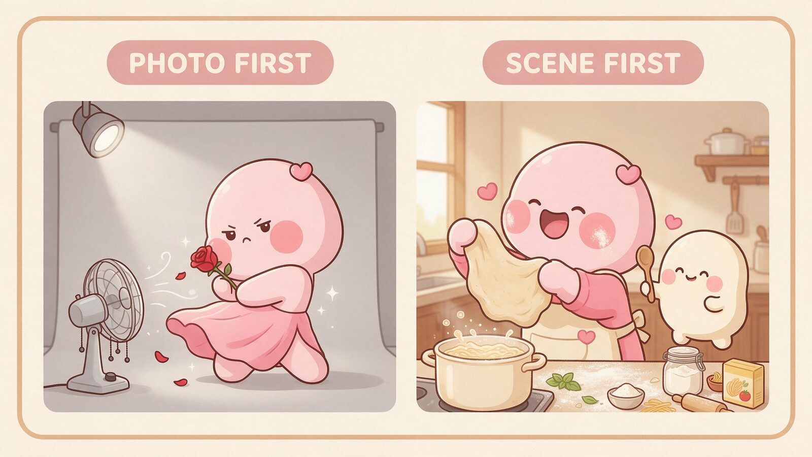 Two panels: a pink AI girlfriend blob posing stiffly with a rose on a grey backdrop, versus laughing with flour on her cheek in a chaotic kitchen date.