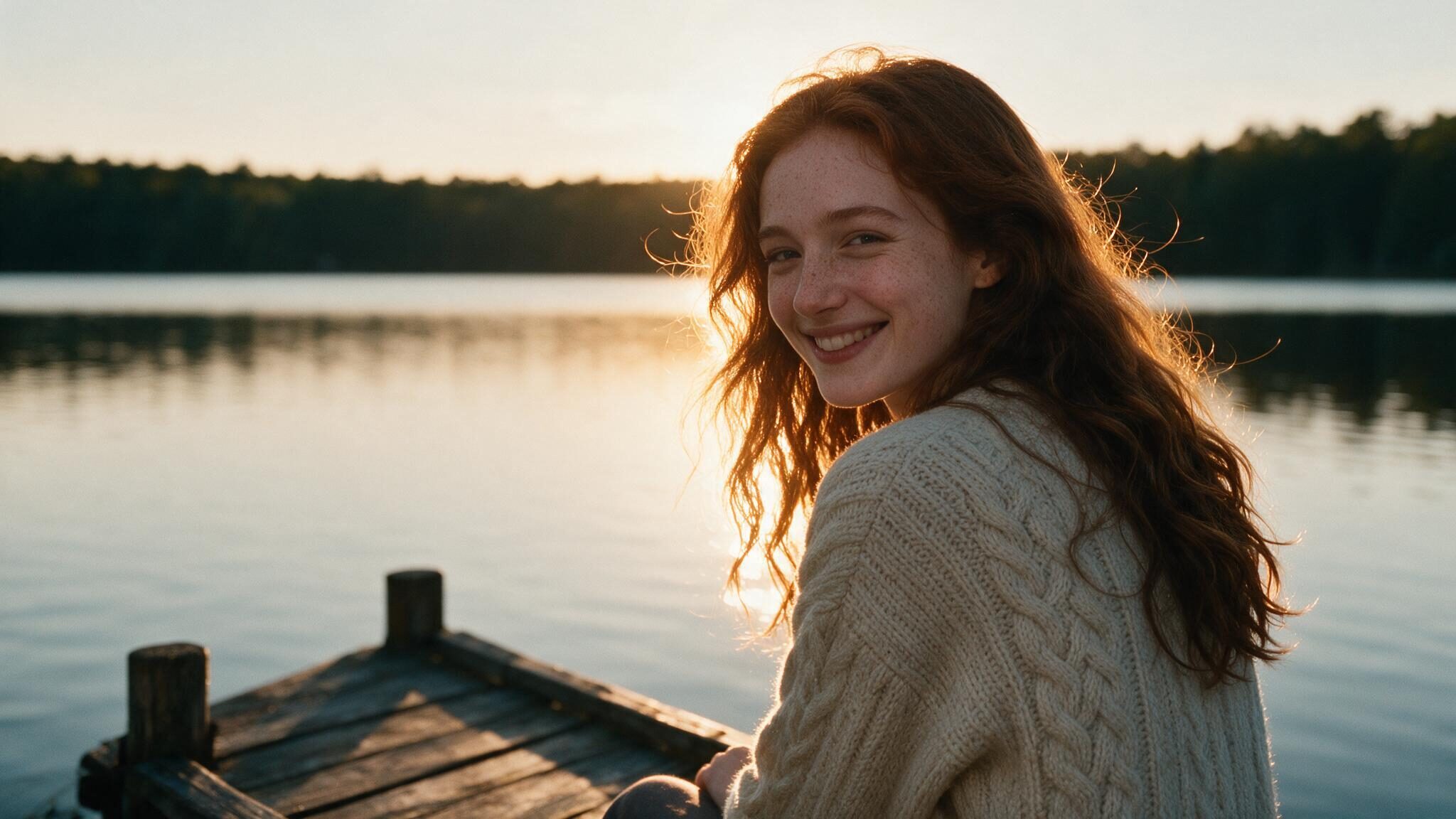 A woman in a cream cable knit sweater sitting on a wooden pier at golden hour, turning to smile over her shoulder