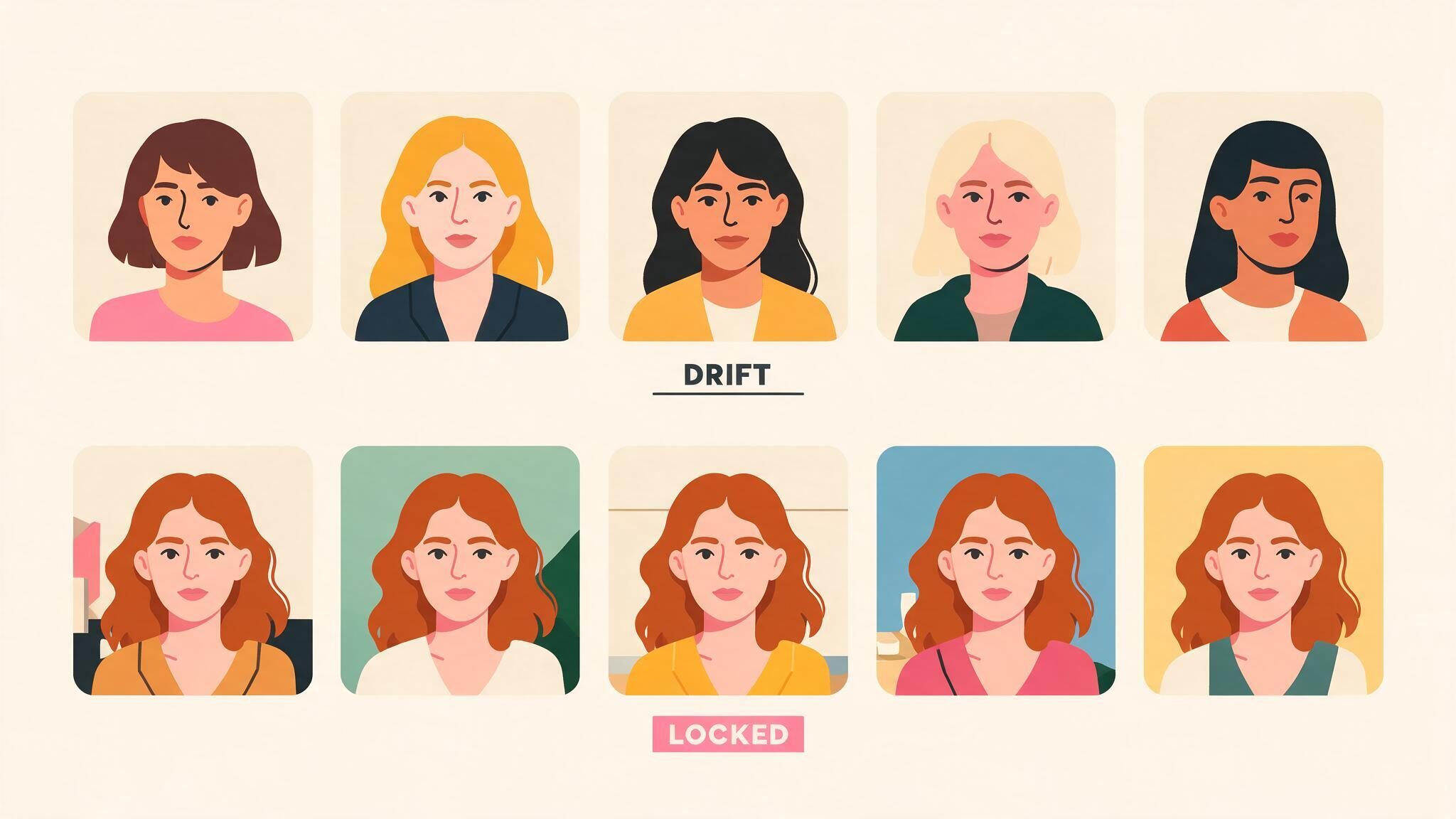A diagram comparing a top row of five different women labelled drift against a bottom row of the same woman in five settings labelled locked