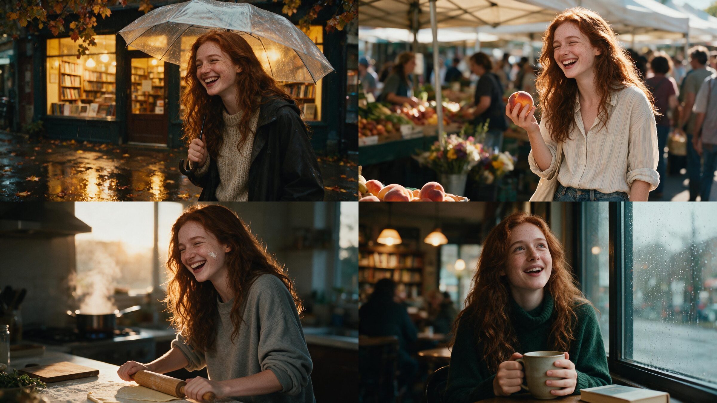 Four photographs of the same auburn haired woman in four settings: laughing under an umbrella outside a bookshop, holding a peach at a farmers market, rolling pasta dough in a kitchen, and holding a mug at a rainy cafe window