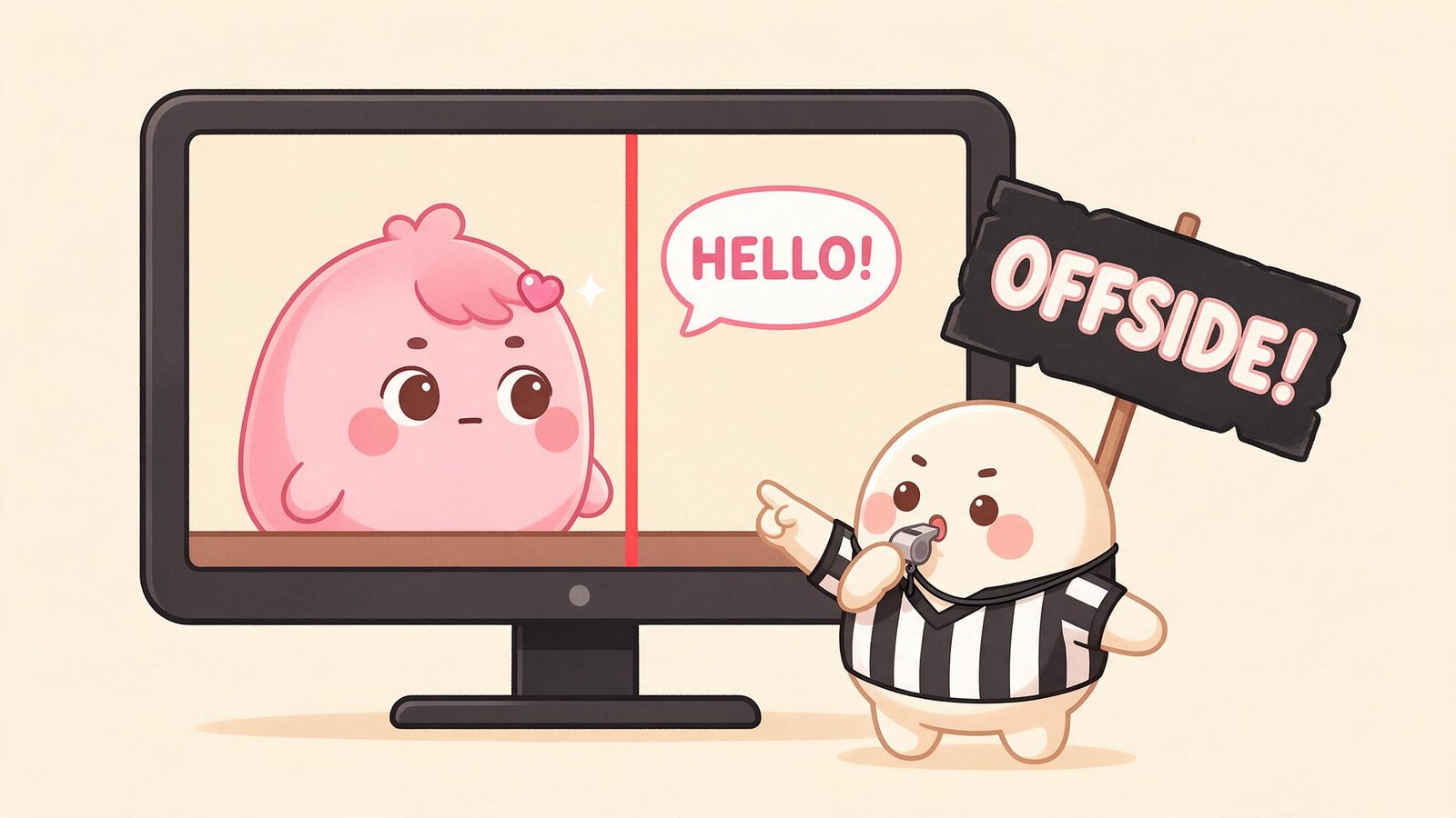 A cream blob referee points at a replay where the pink blob's speech bubble leaves before her mouth opens, calling offside on poor AI video lip sync.
