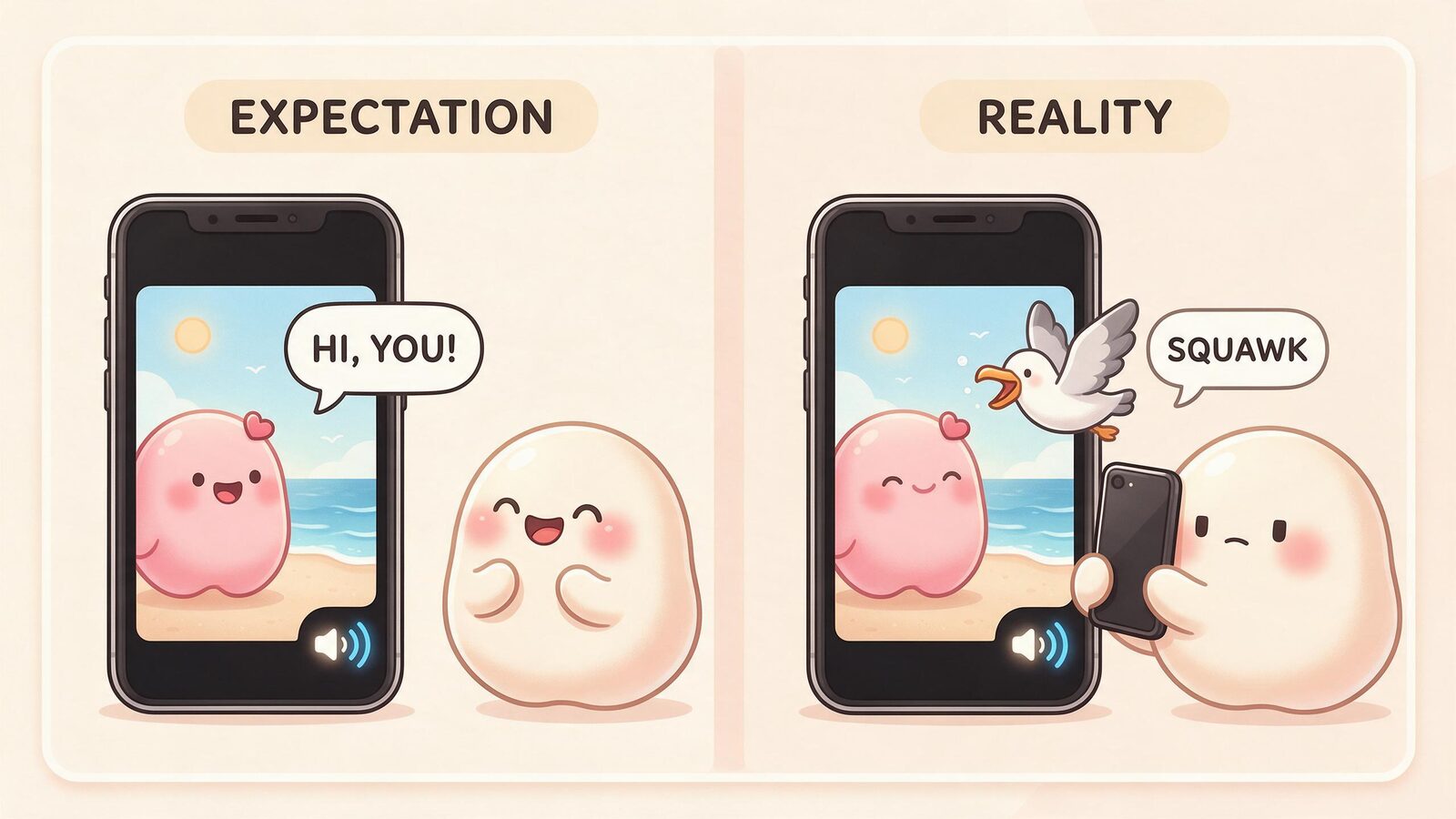 Expectation versus reality: the pink blob was meant to say hi in her video, but the only sound is a seagull squawking, showing that audio is not always speech.