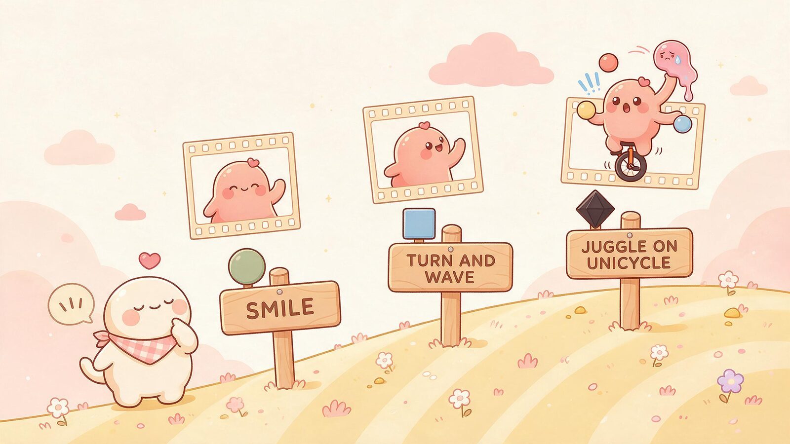 Ski-slope difficulty signs rate AI video motion requests: a smile is easy, turn and wave is moderate, and juggling on a unicycle gives the pink blob an extra arm.