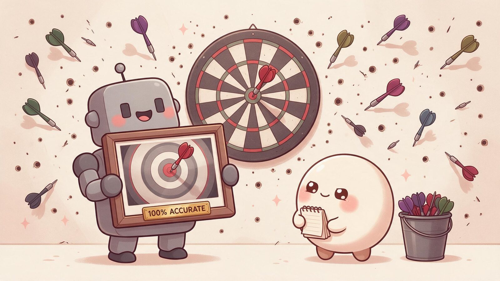 Grey robot blob proudly shows a framed close-up of one bullseye labeled 100 percent accurate, in front of a wall full of missed darts, as a cream blob notices.