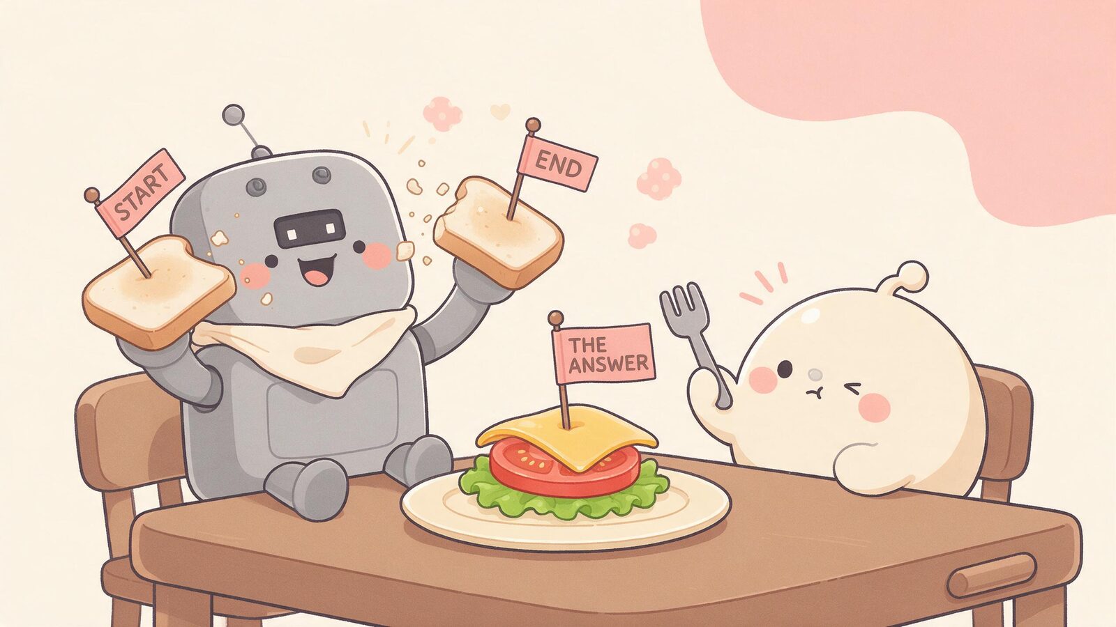 Grey robot blob eats only the two bread slices labeled start and end, leaving the filling labeled the answer on the plate, illustrating the lost-in-the-middle effect.