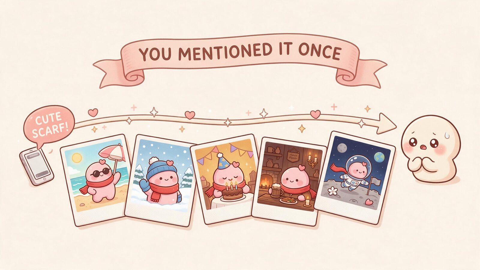 A timeline of polaroids shows a pink blob wearing the same red scarf at the beach, in snow, at a party and on the moon after one compliment.