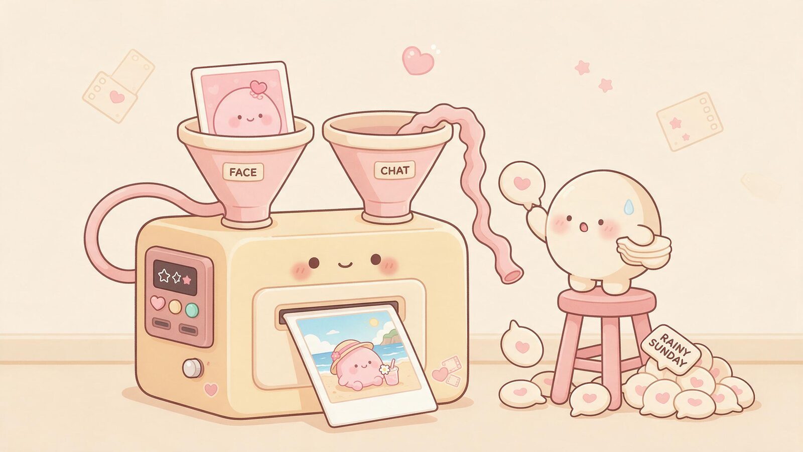 A cartoon photo machine with a connected face funnel and an unplugged chat funnel spills chat bubbles on the floor and prints a beach photo of the pink blob.