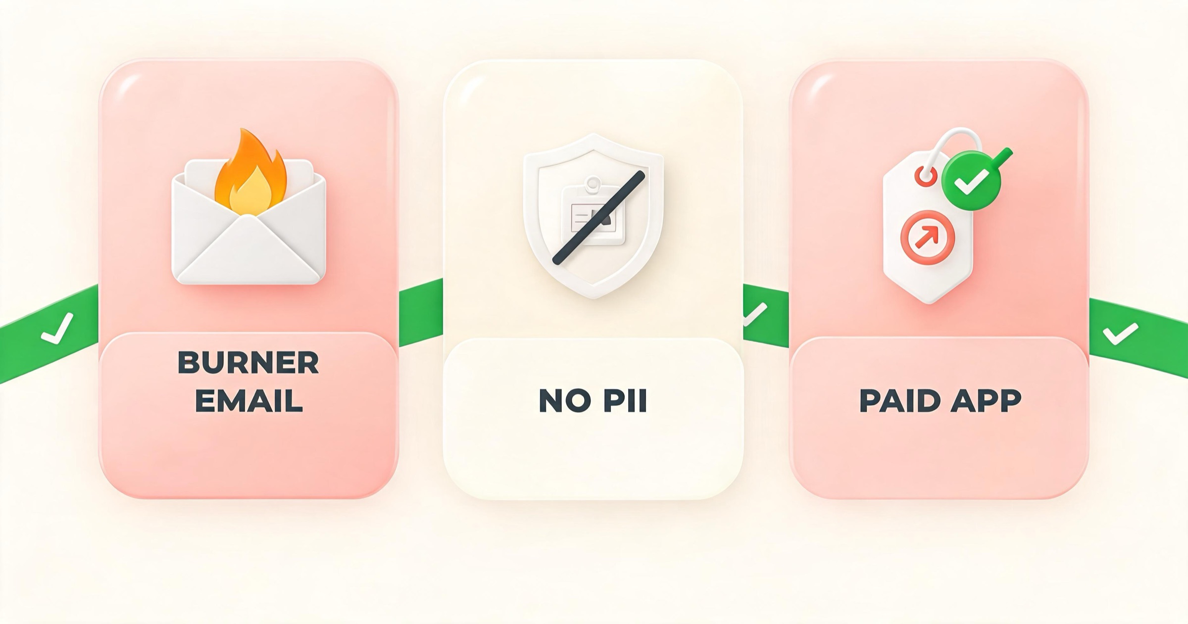 Three-card checklist showing how to protect your data on AI girlfriend apps: use a burner email, share no PII, prefer paid apps