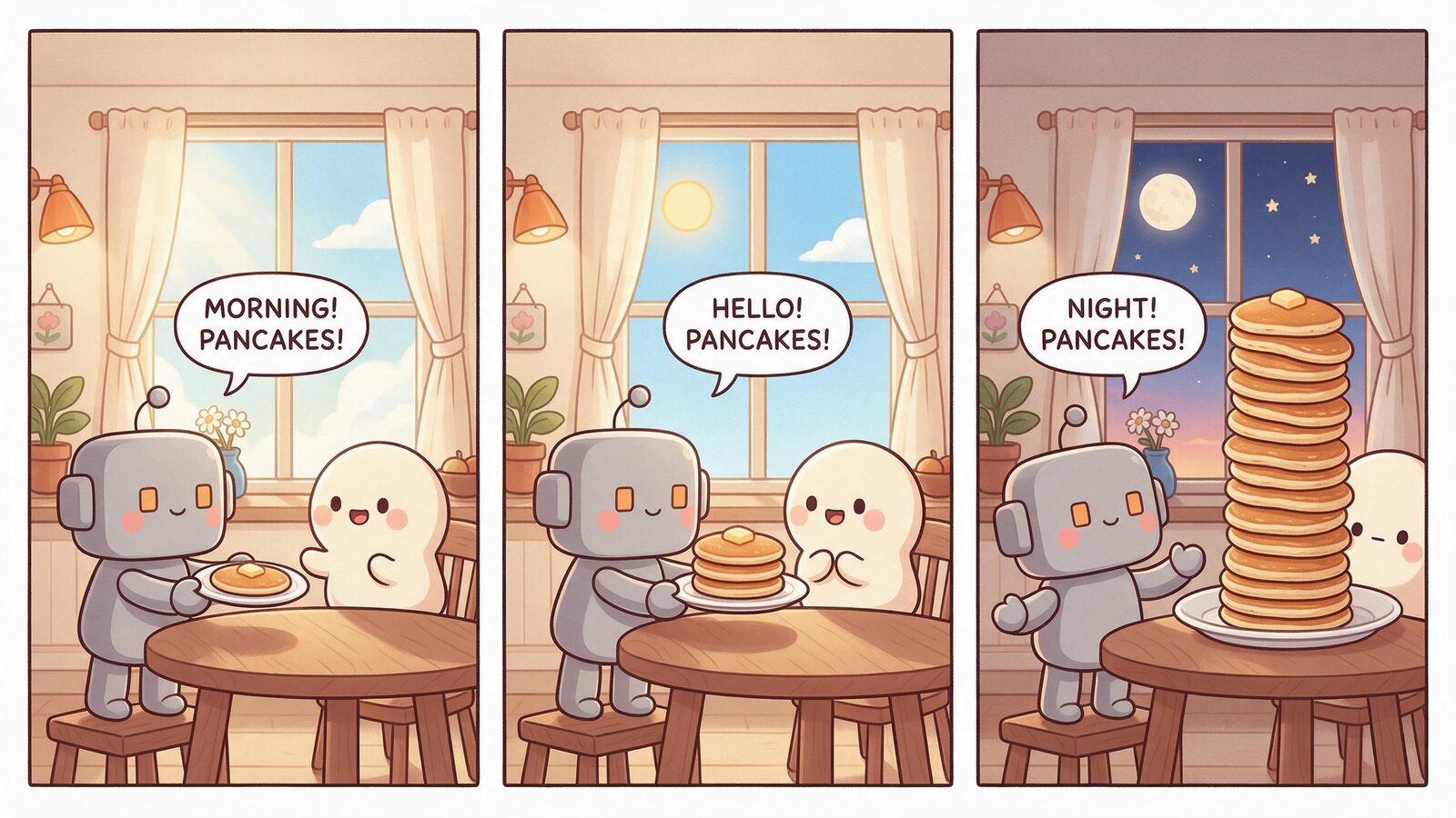 Three-panel comic of a grey robot AI greeting a cream blob with more pancakes every time of day, showing that repeating a remembered fact is not real continuity.