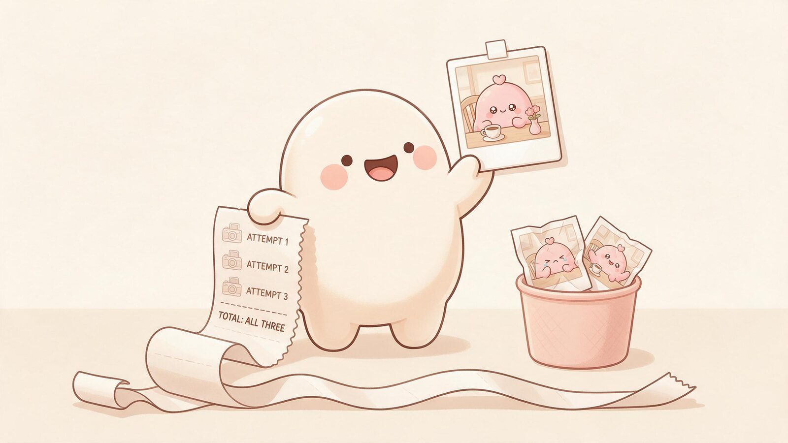 A cream blob proudly holds one good AI companion photo while a long receipt lists all three generation attempts, with two rejected photos in the bin.