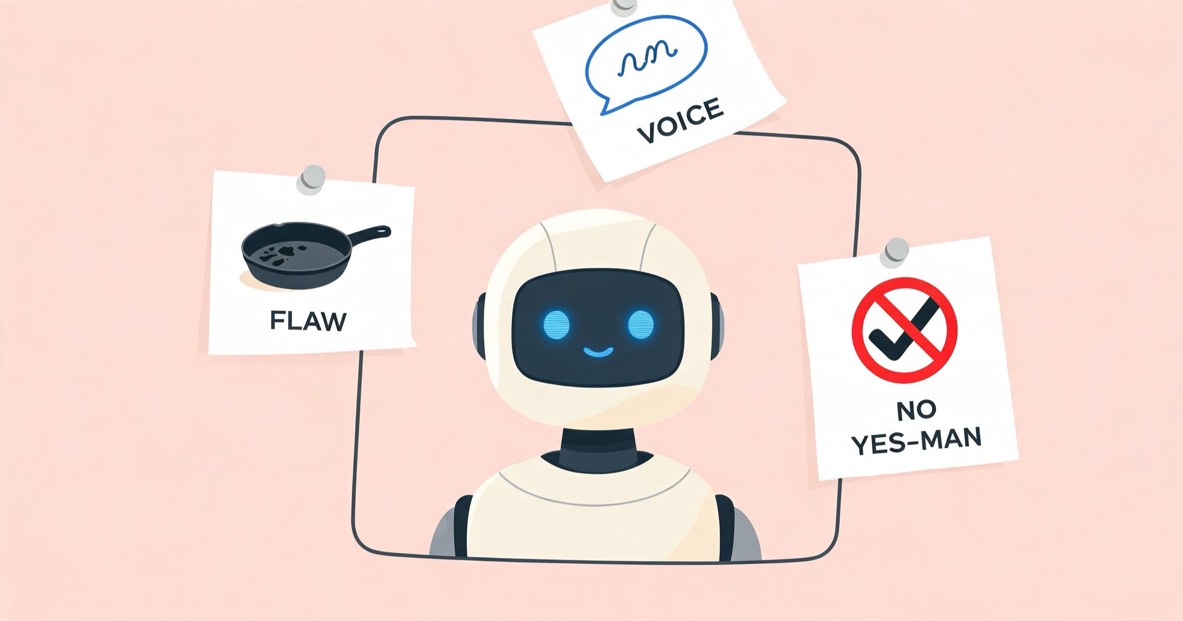 Character sheet illustration showing prompt-engineering tips: give the AI a flaw, define its voice, and use negative prompting